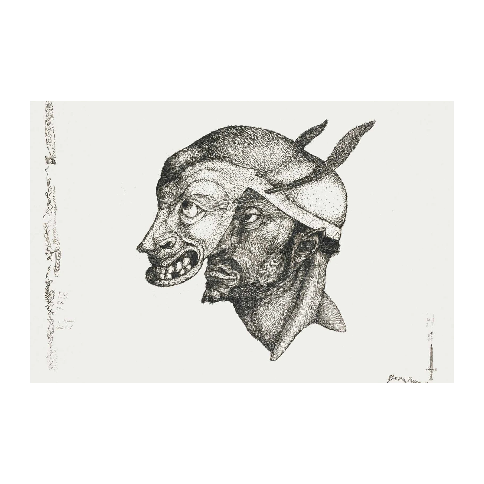 Mysterious Masked Face Ink Drawing Wall Art