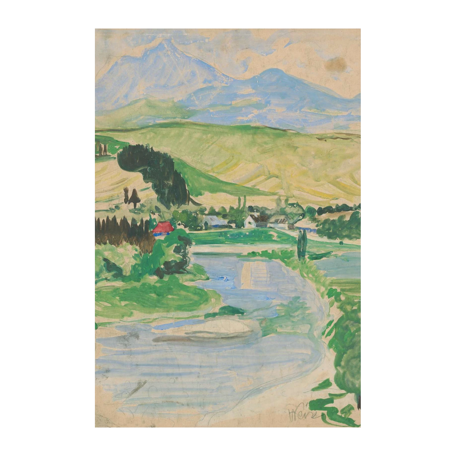 Serene Mountain Landscape with River Wall Art