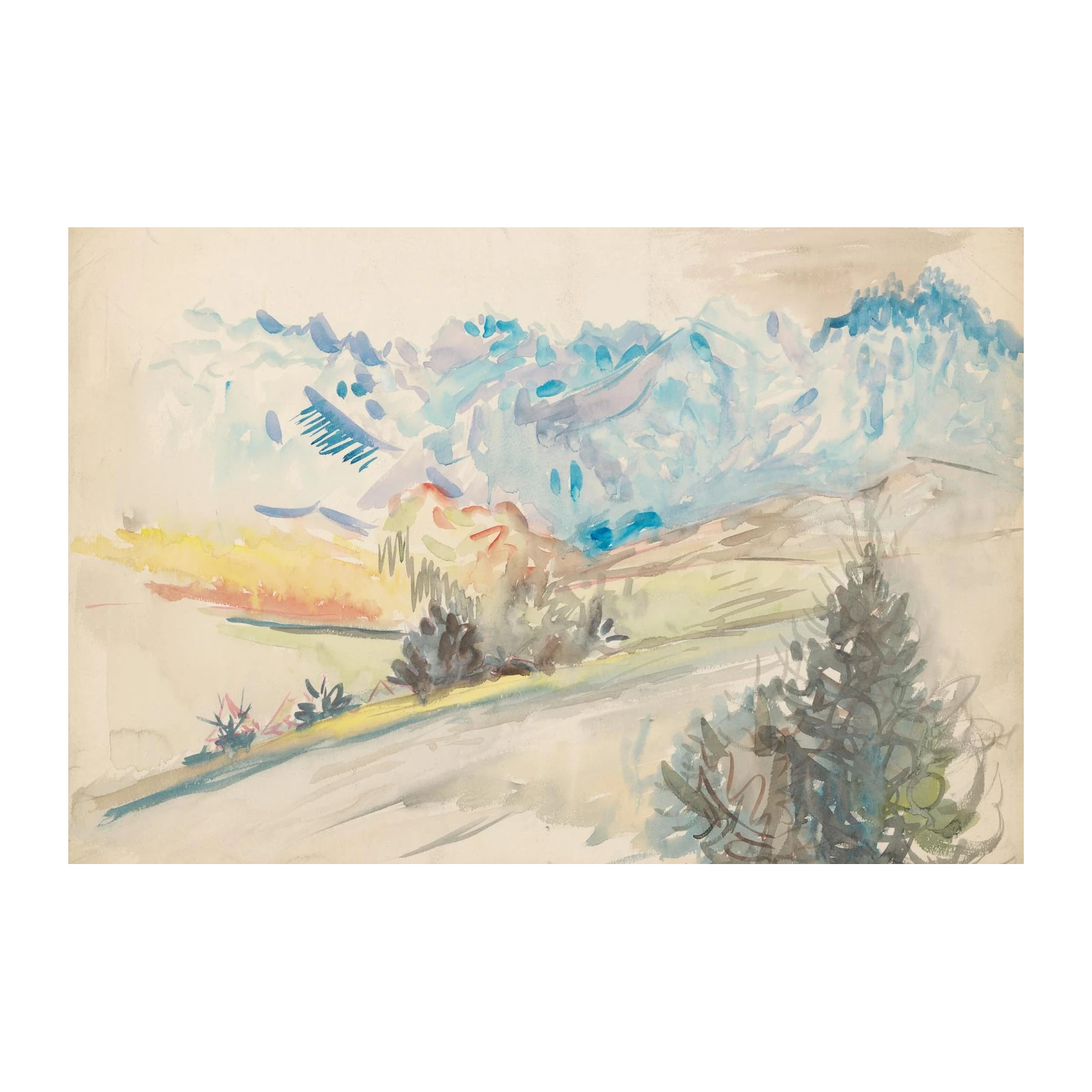 Serene Mountain Landscape Watercolor Wall Art