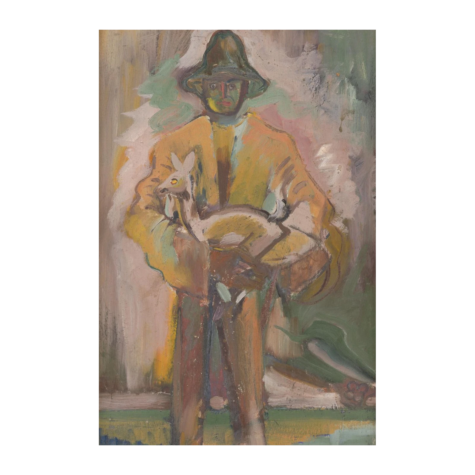 Man Holding Fawn Vintage Oil Painting Wall Art