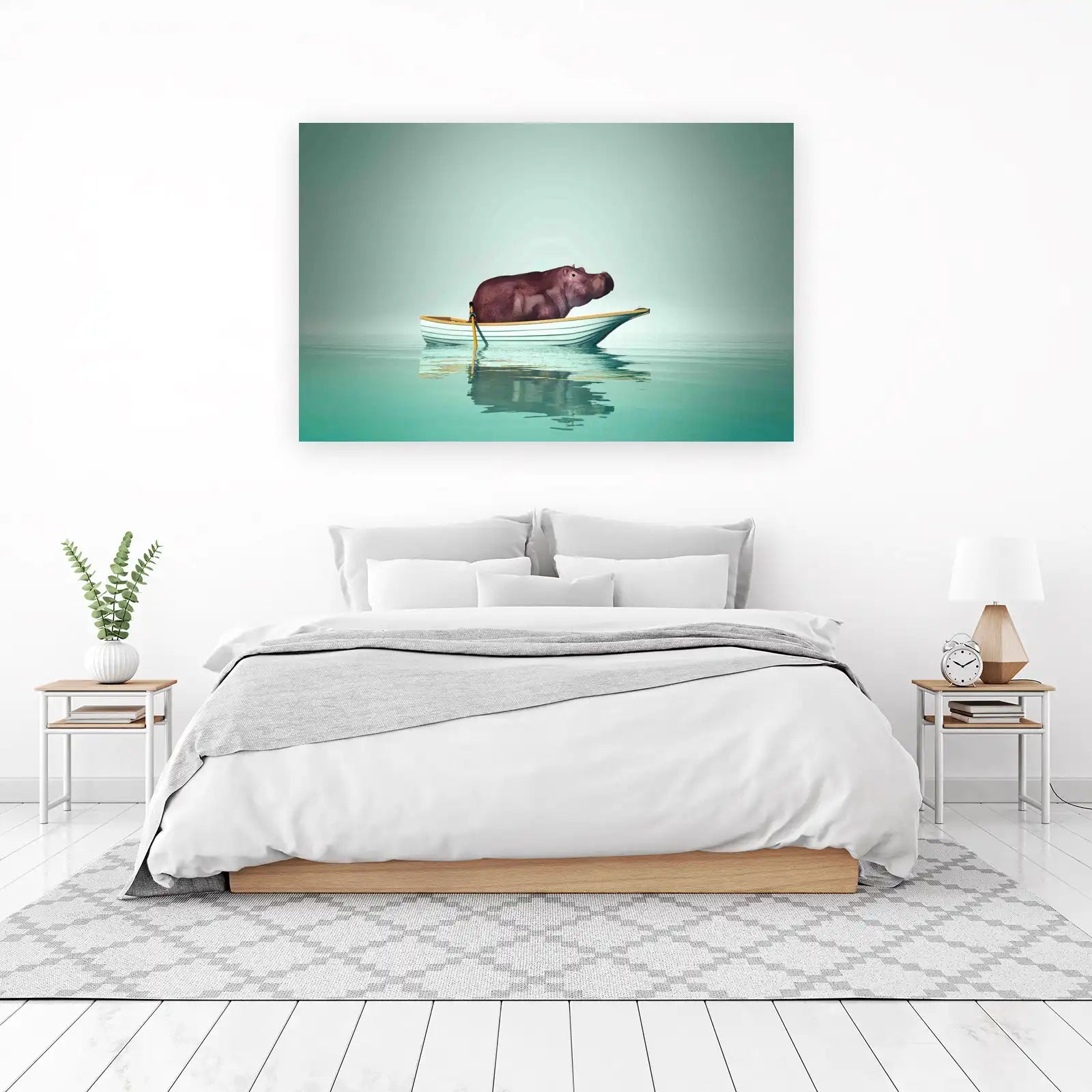 Whimsical Hippo Rowing Boat Wall Art