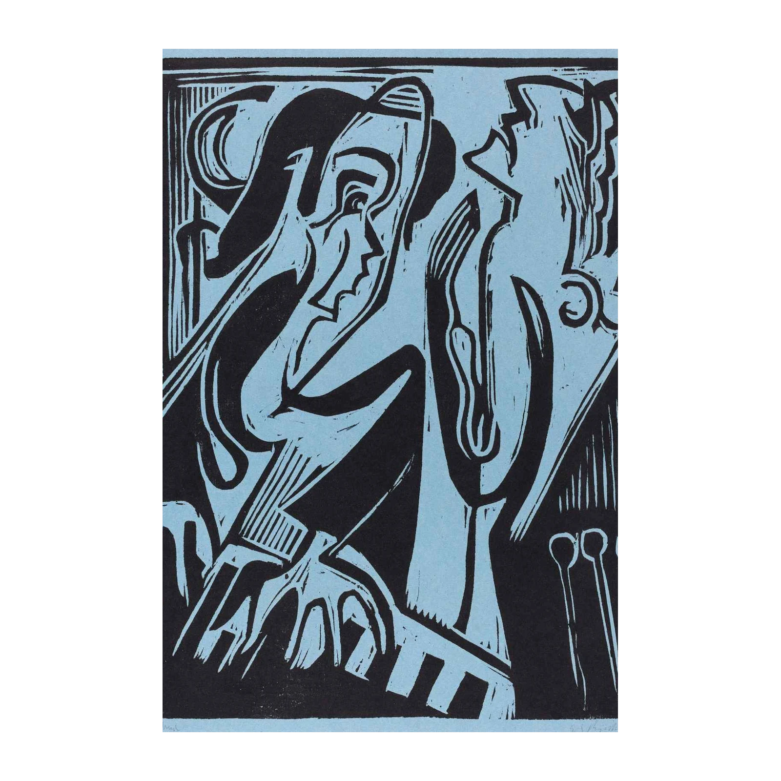 Abstract Figures Blue & Black Woodcut Wall Art