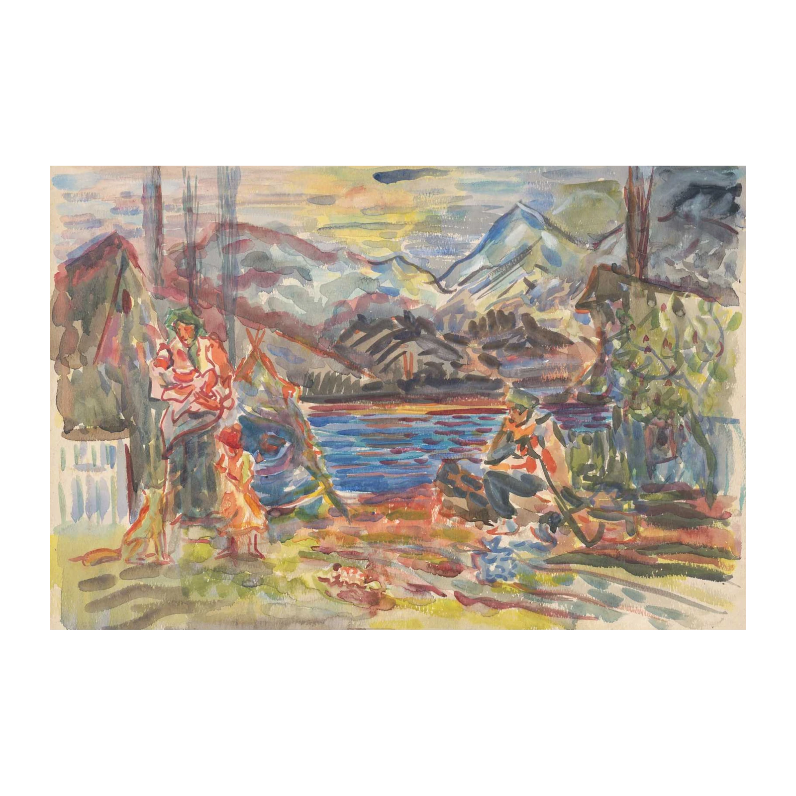 Vibrant Lakeside Gathering Watercolor Wall Art