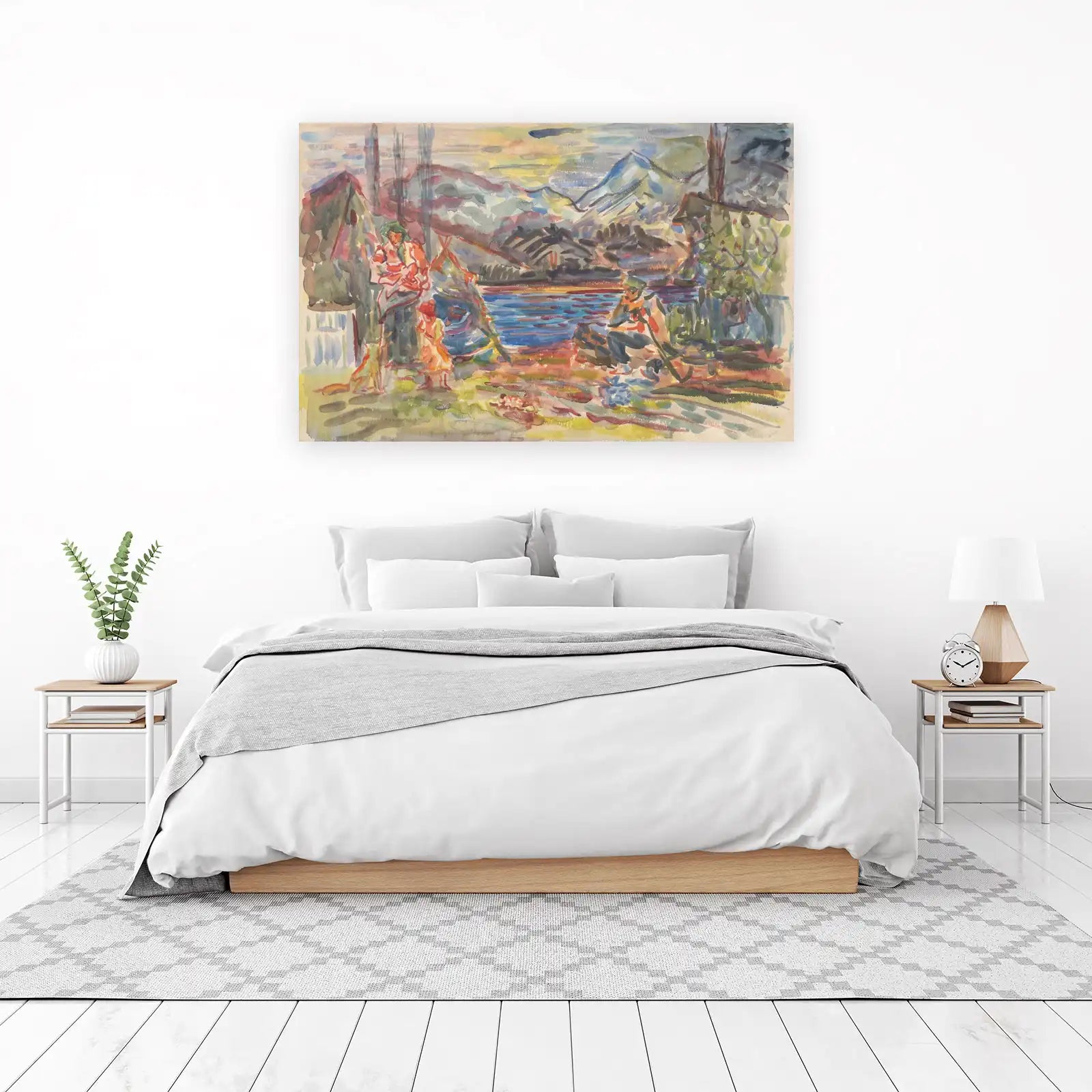 Vibrant Lakeside Gathering Watercolor Wall Art