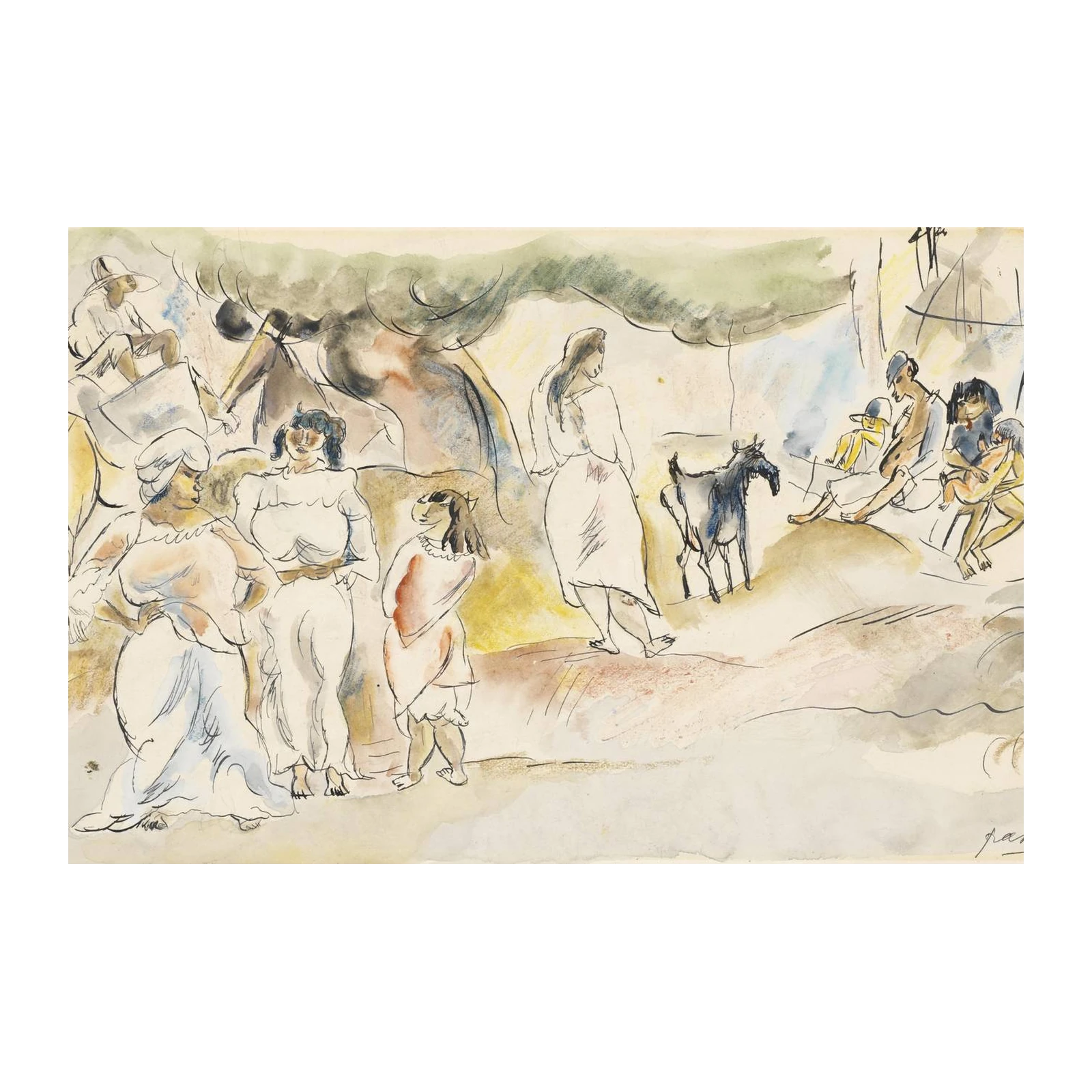 Vibrant Folk Scene Watercolor Wall Art