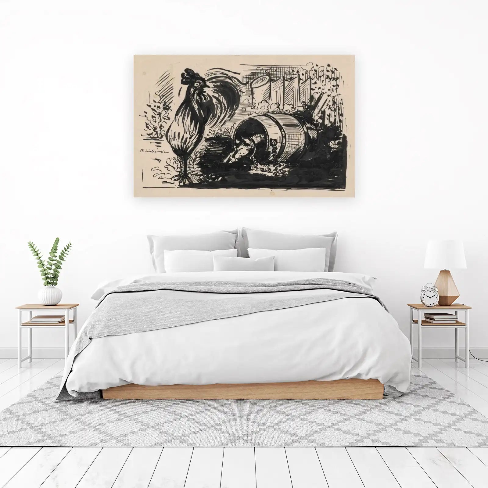 Whimsical Rooster and Barrel Ink Sketch Wall Art