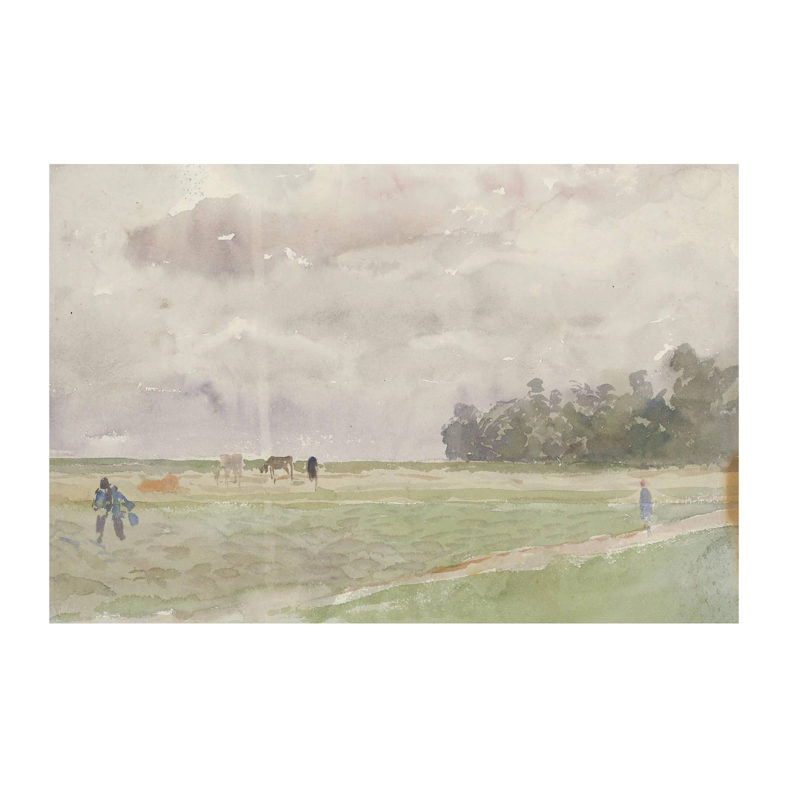 Serene Meadow Cows & Figures Watercolor Wall Art