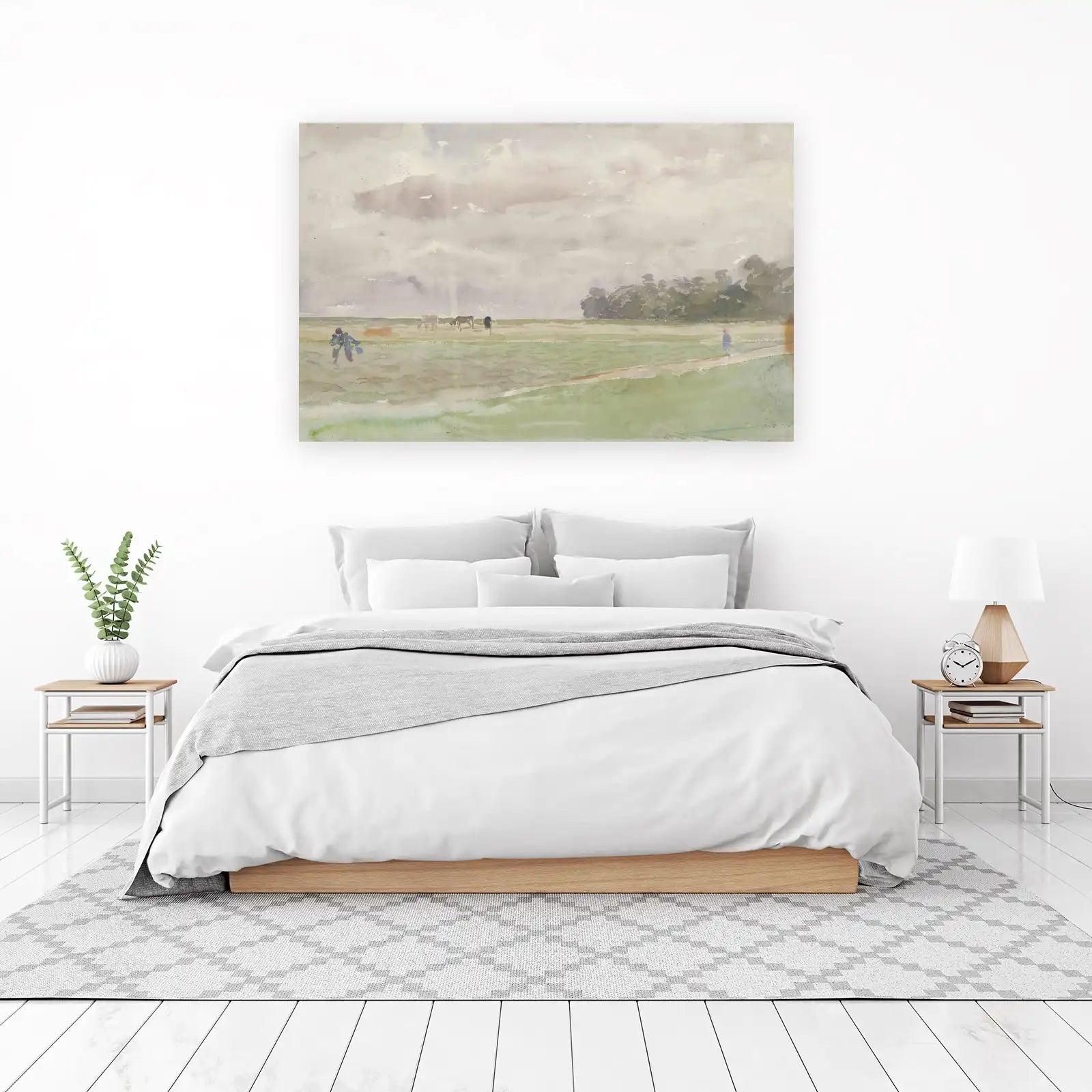 Serene Meadow Cows & Figures Watercolor Wall Art