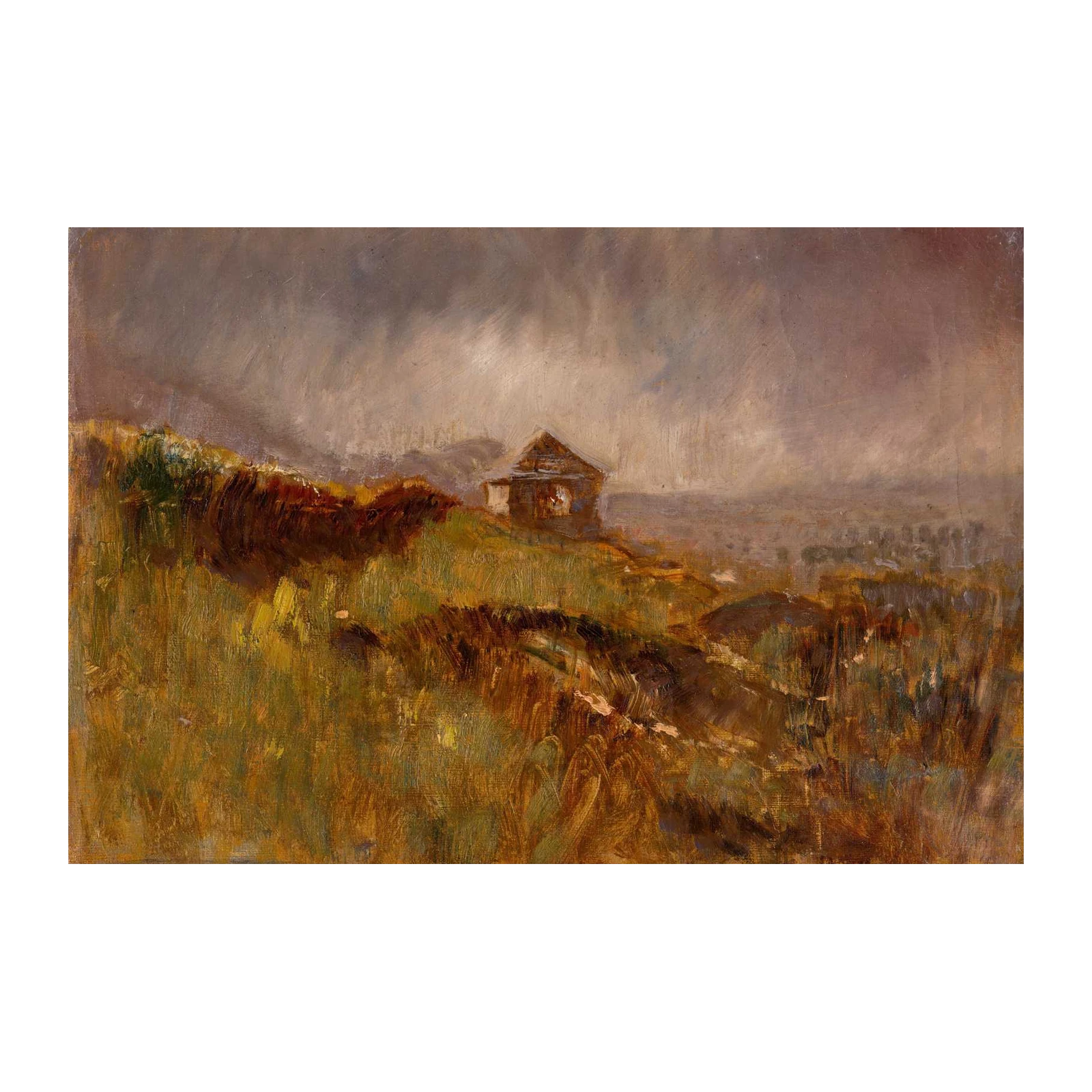 Misty Hillside Cabin Impressionist Wall Art