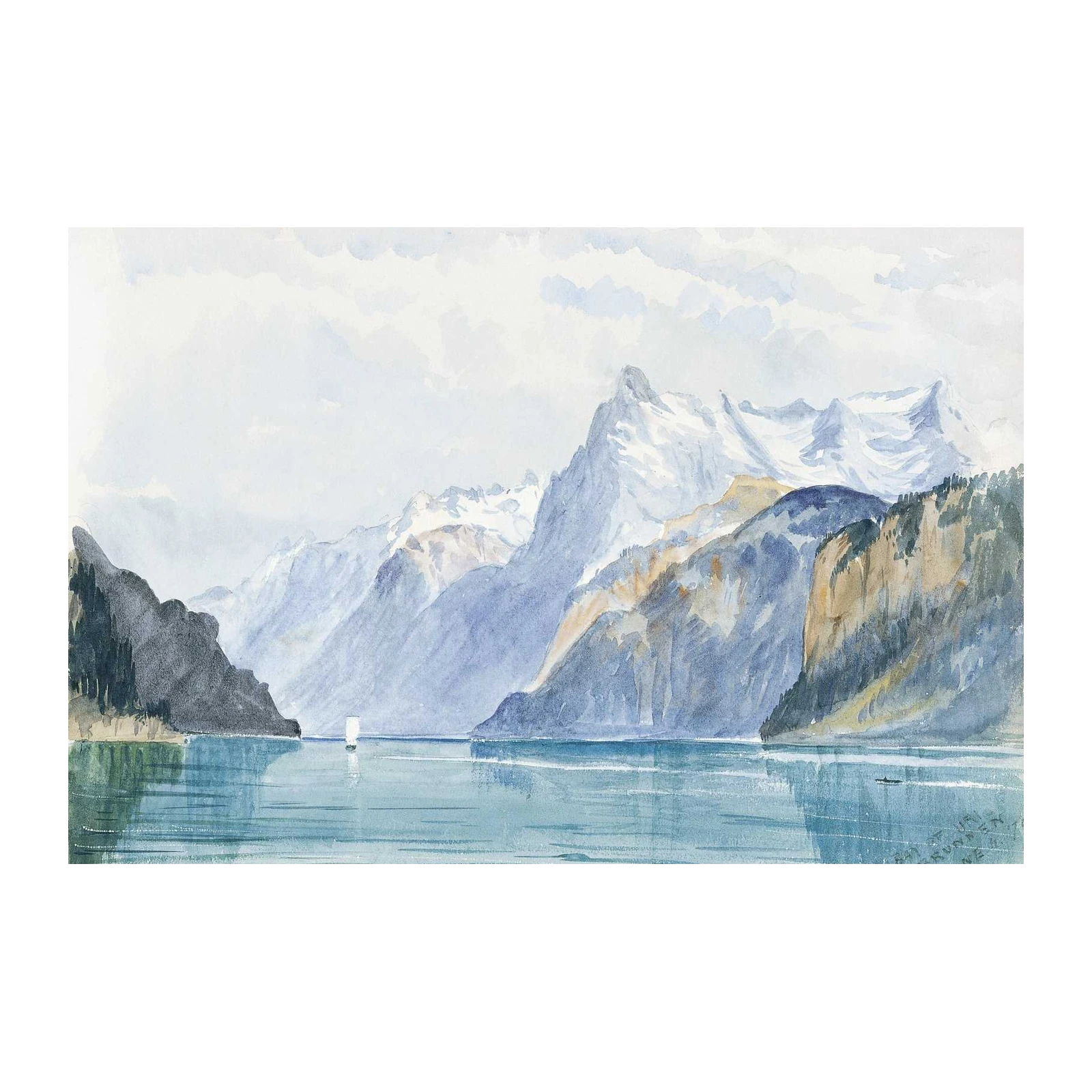Serene Mountain Lake Watercolor Landscape Wall Art