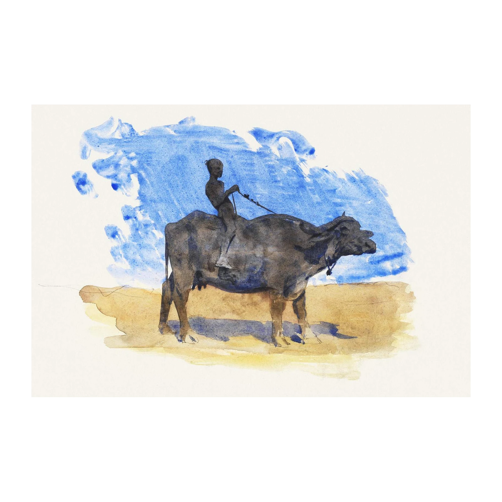 Boy Riding Buffalo Watercolor Wall Art