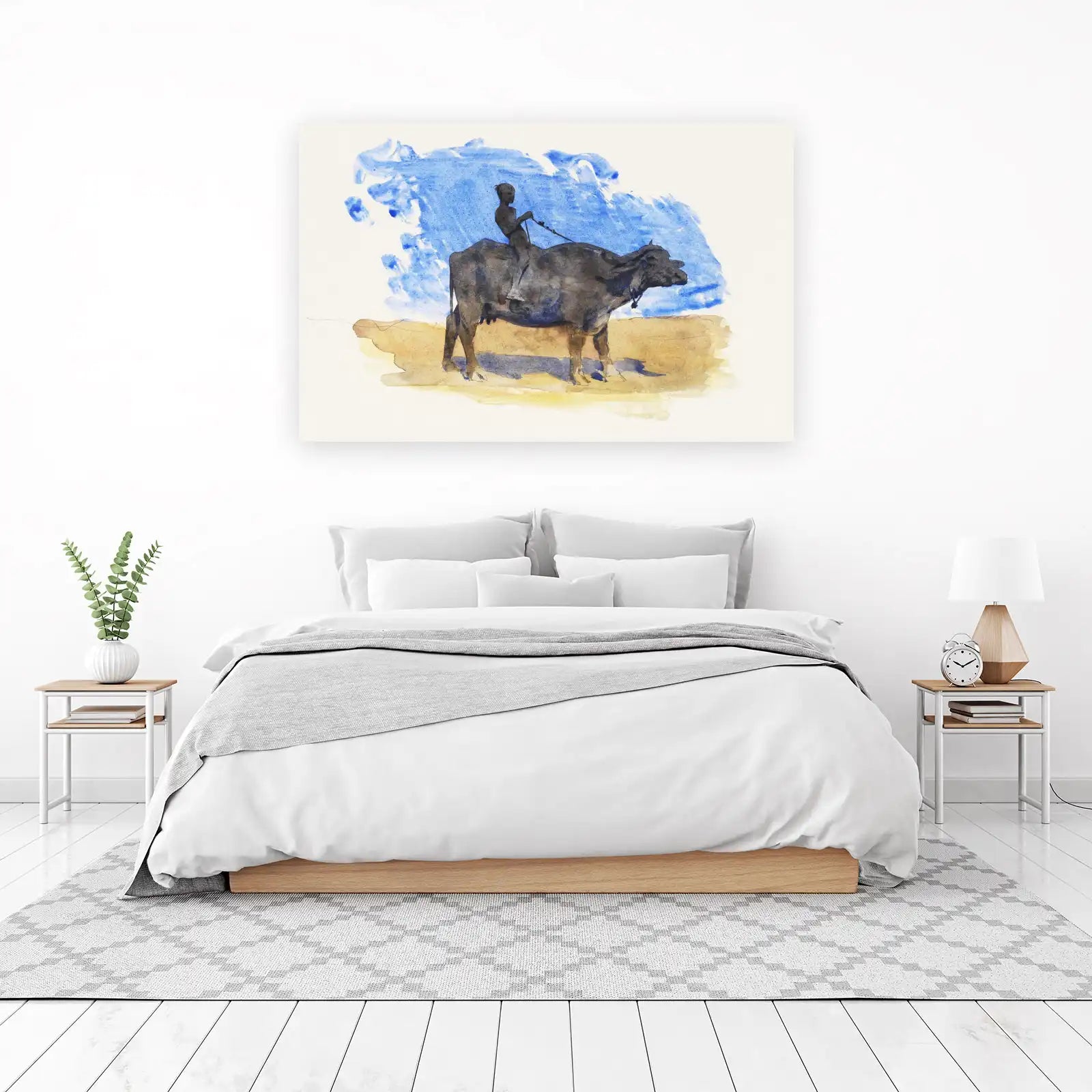 Boy Riding Buffalo Watercolor Wall Art
