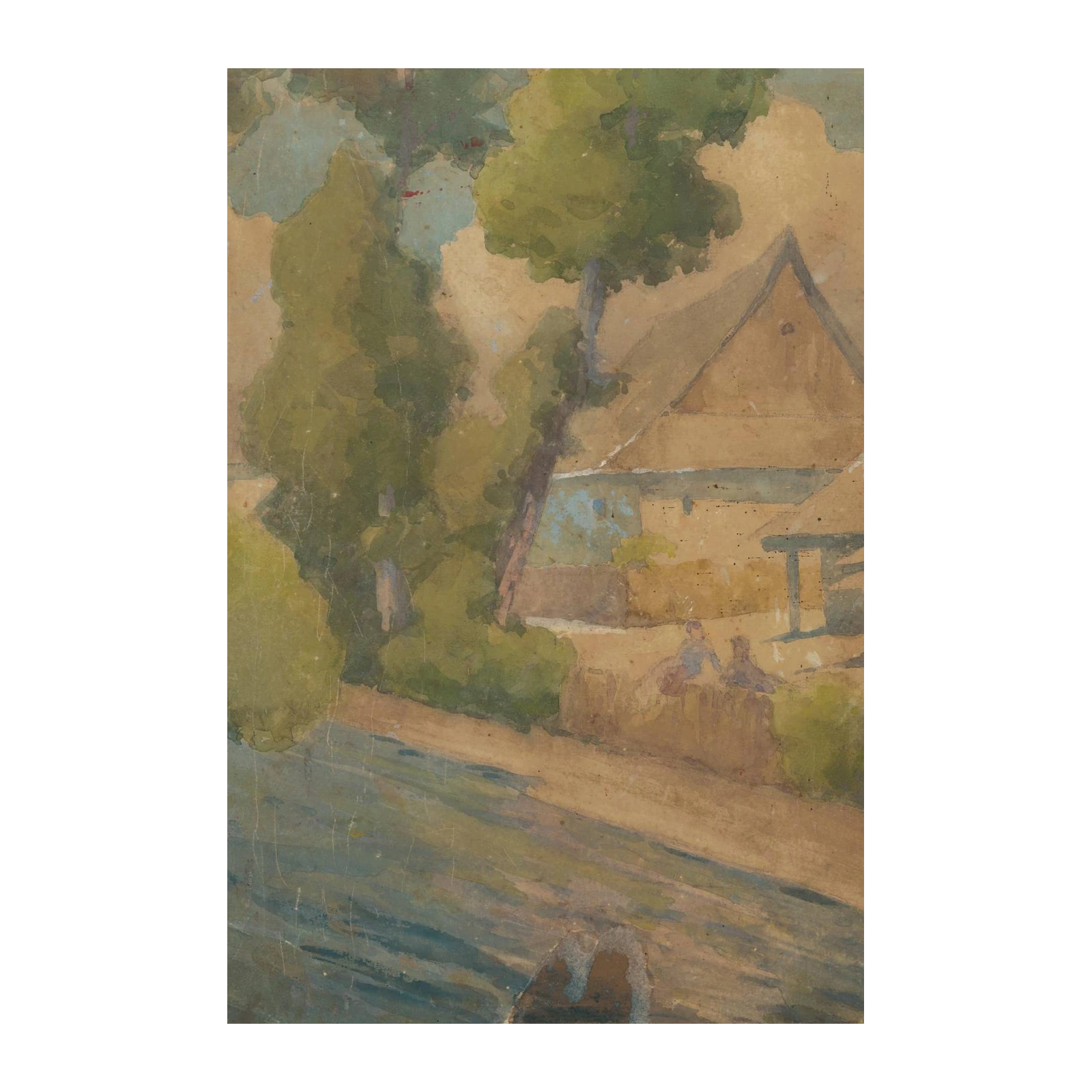 Serene Village Landscape Watercolor Wall Art