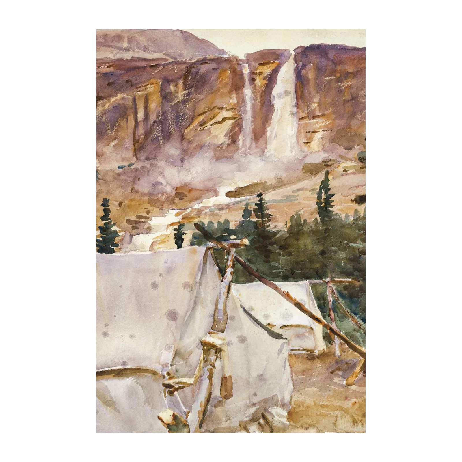 Serene Waterfall Camp Nature Watercolor Wall Art