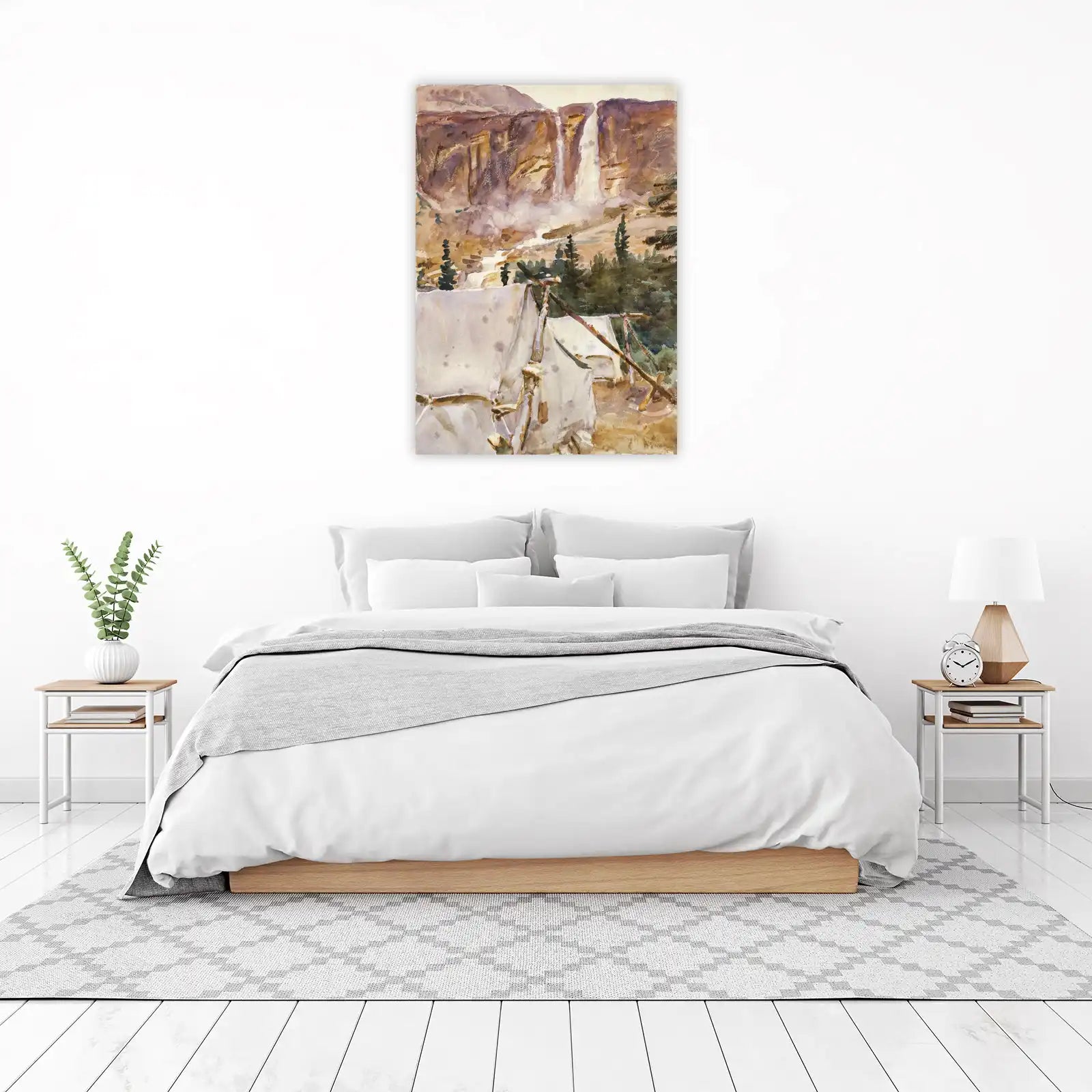 Serene Waterfall Camp Nature Watercolor Wall Art