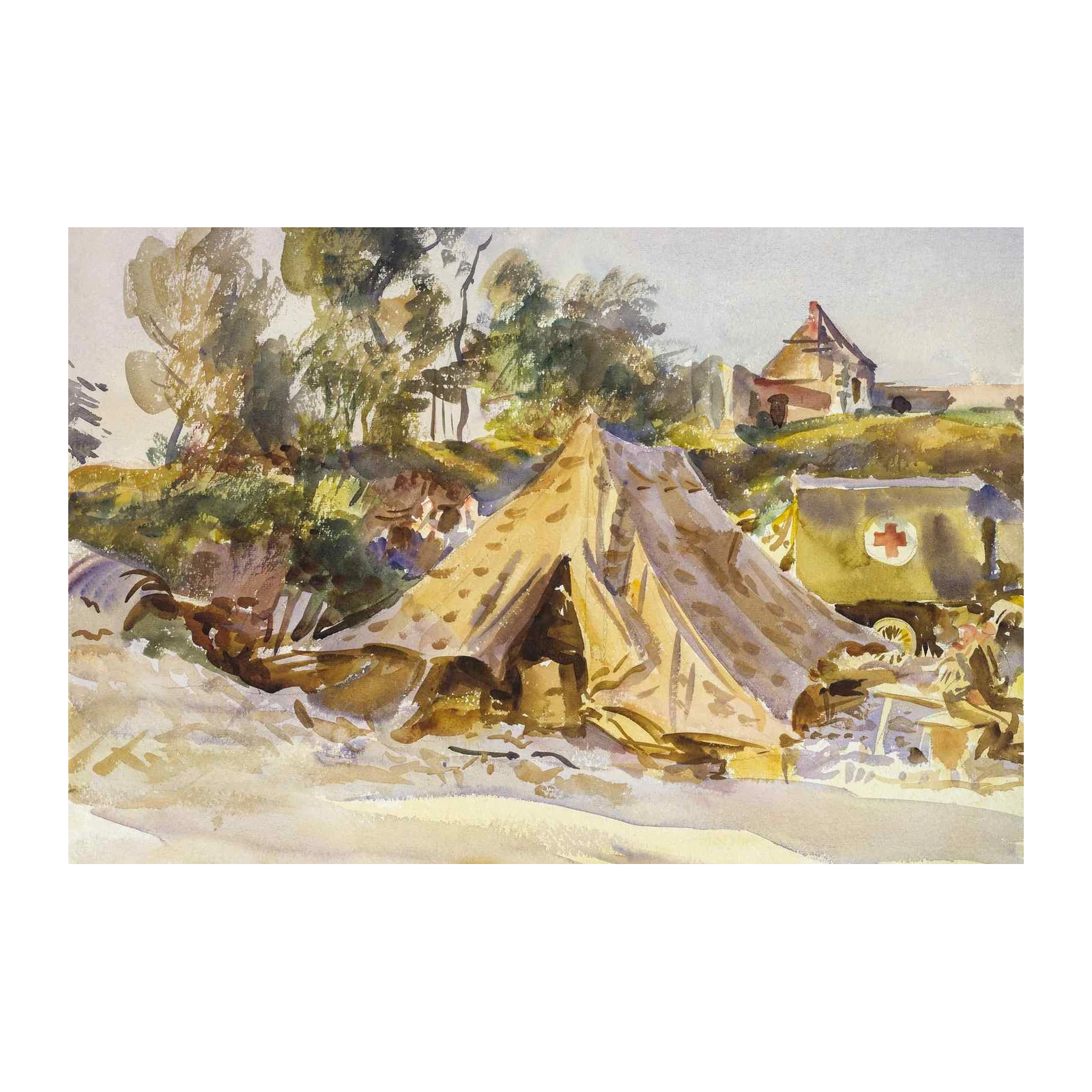 Vintage Military Camp Scene Watercolor Wall Art