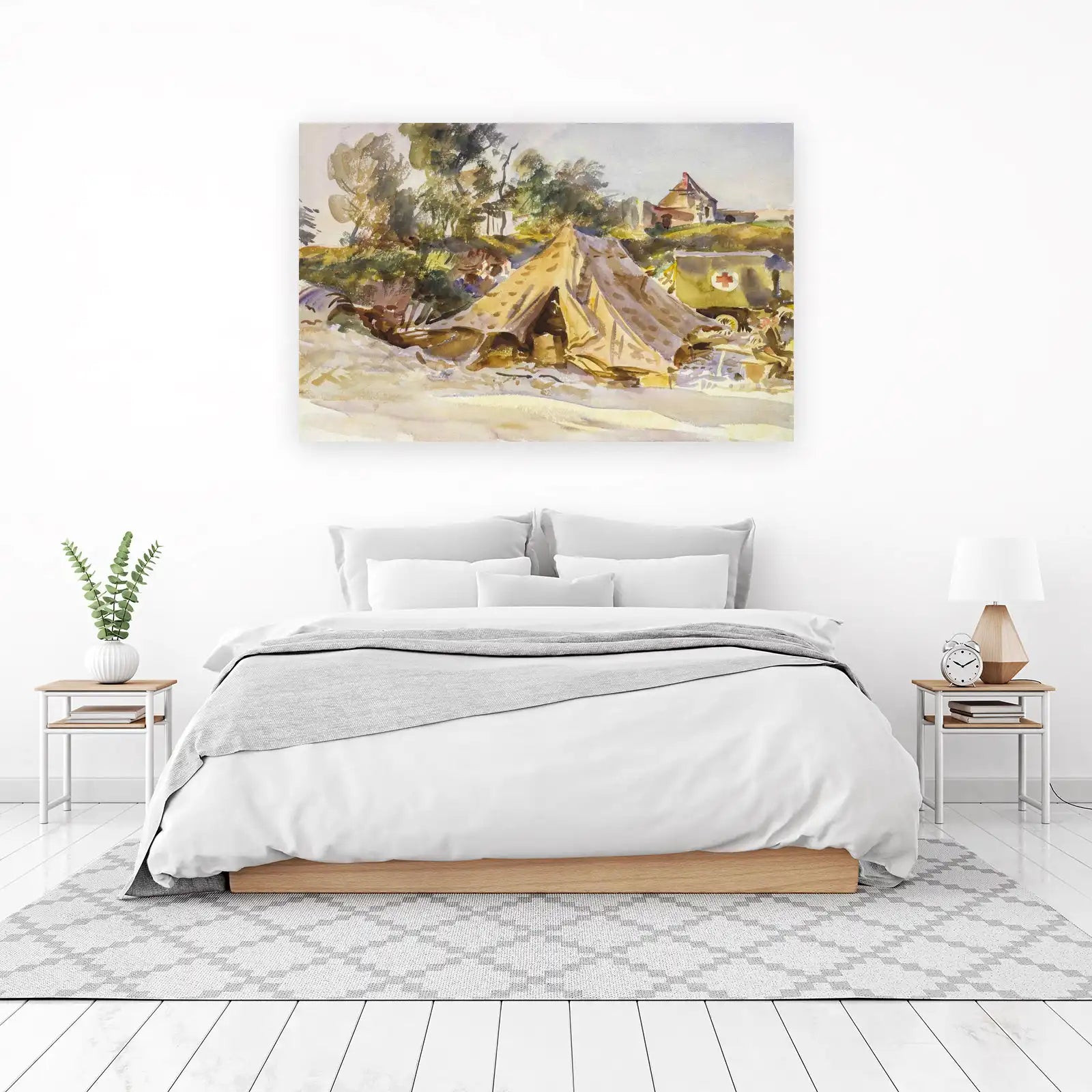 Vintage Military Camp Scene Watercolor Wall Art