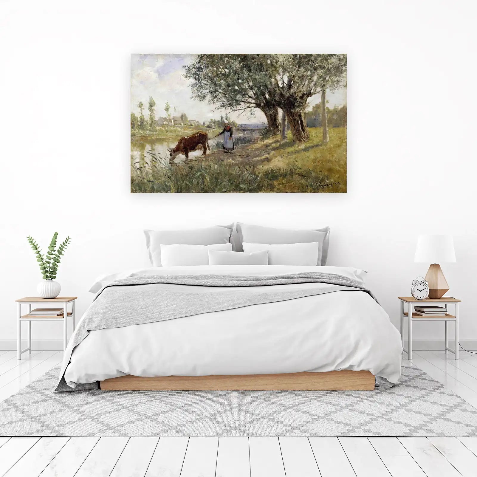 Serene Riverside Cow & Woman Landscape Wall Art