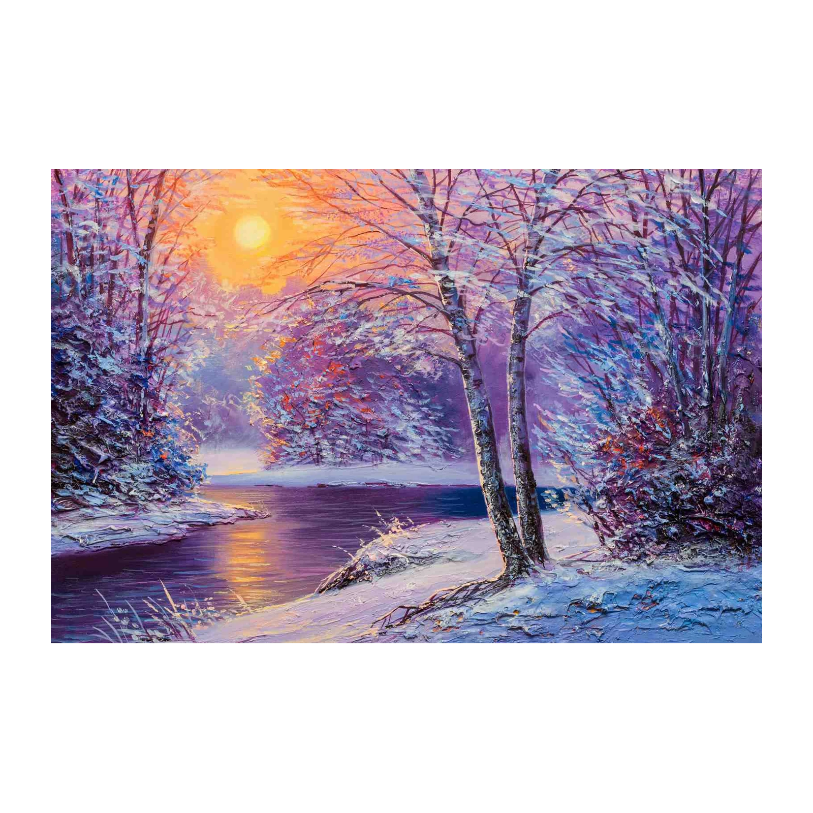 Winter Sunset River Birch Trees Wall Art