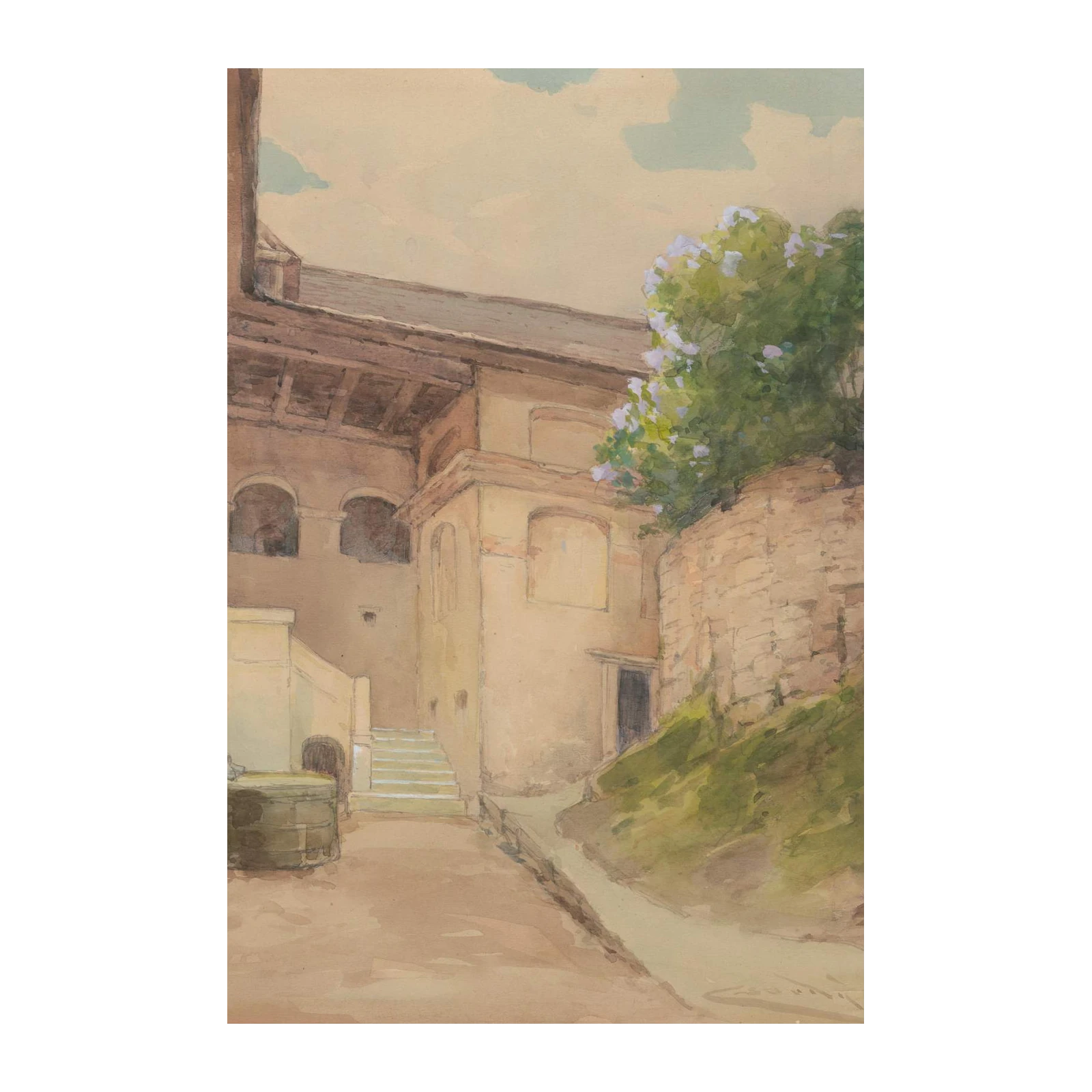 European Courtyard Watercolor Wall Art