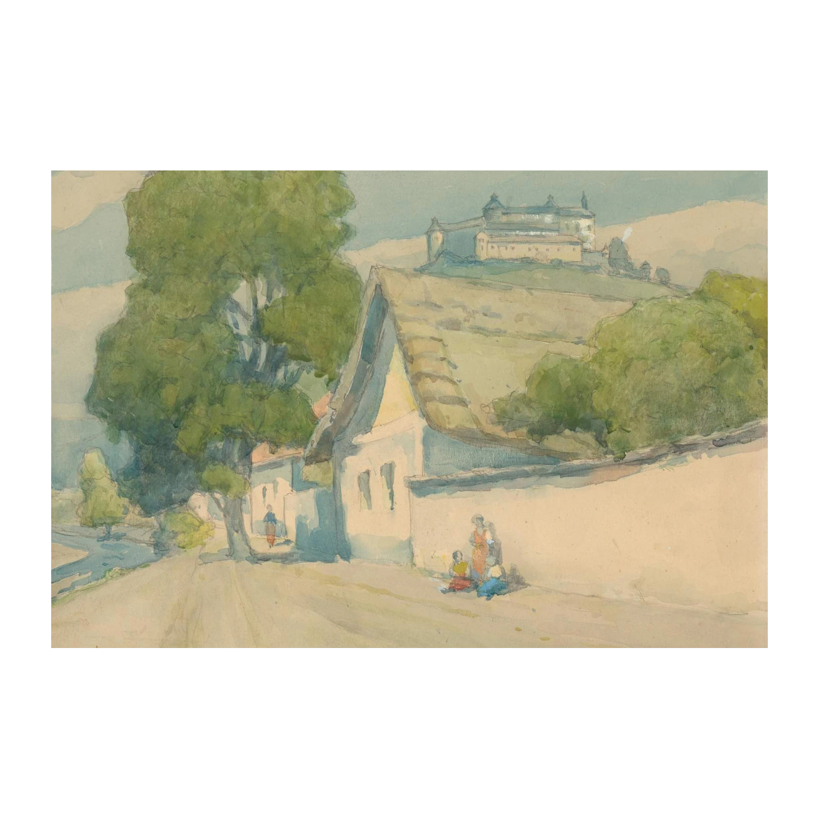 Vintage European Village Scene Watercolor Wall Art