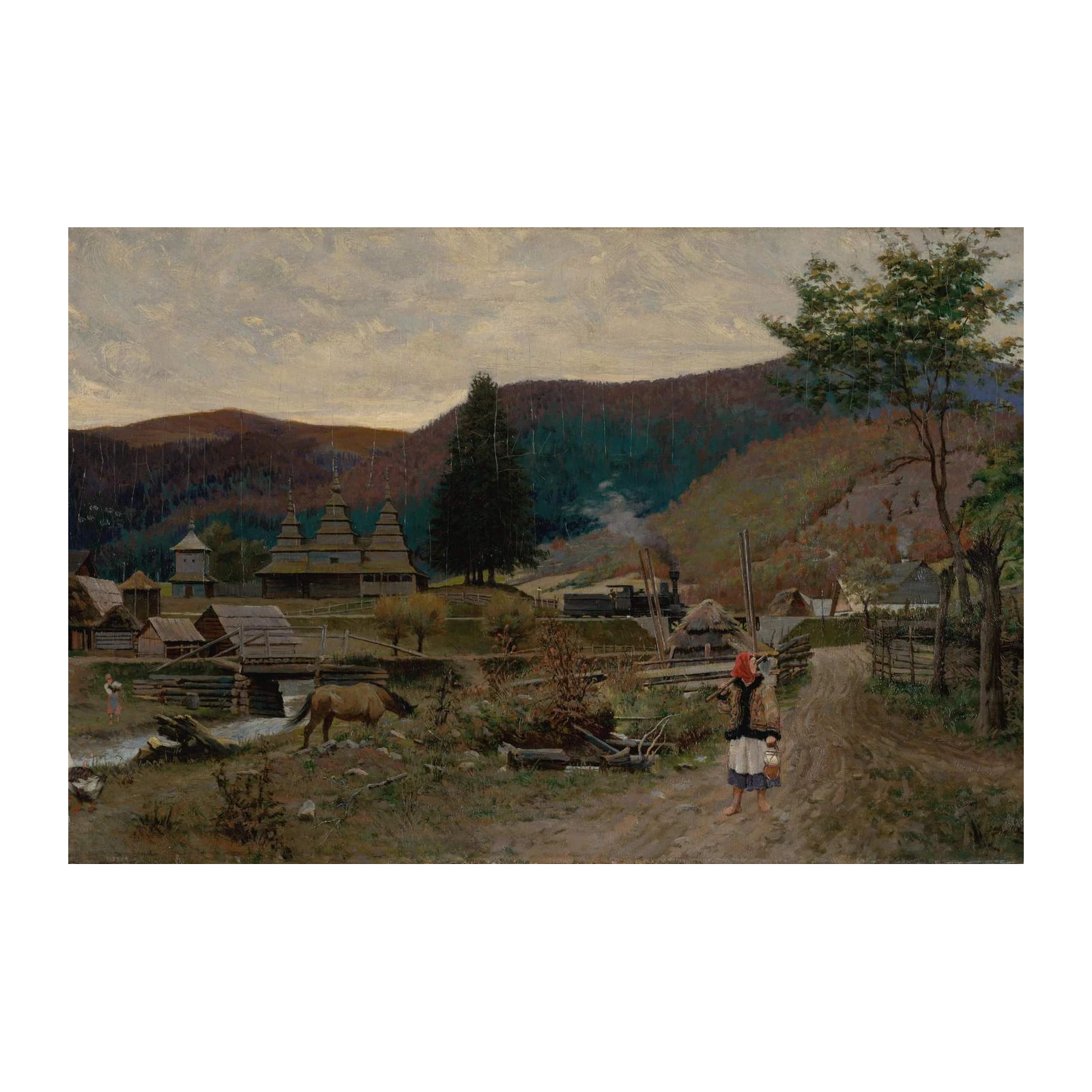 Village Life & Train Landscape Wall Art