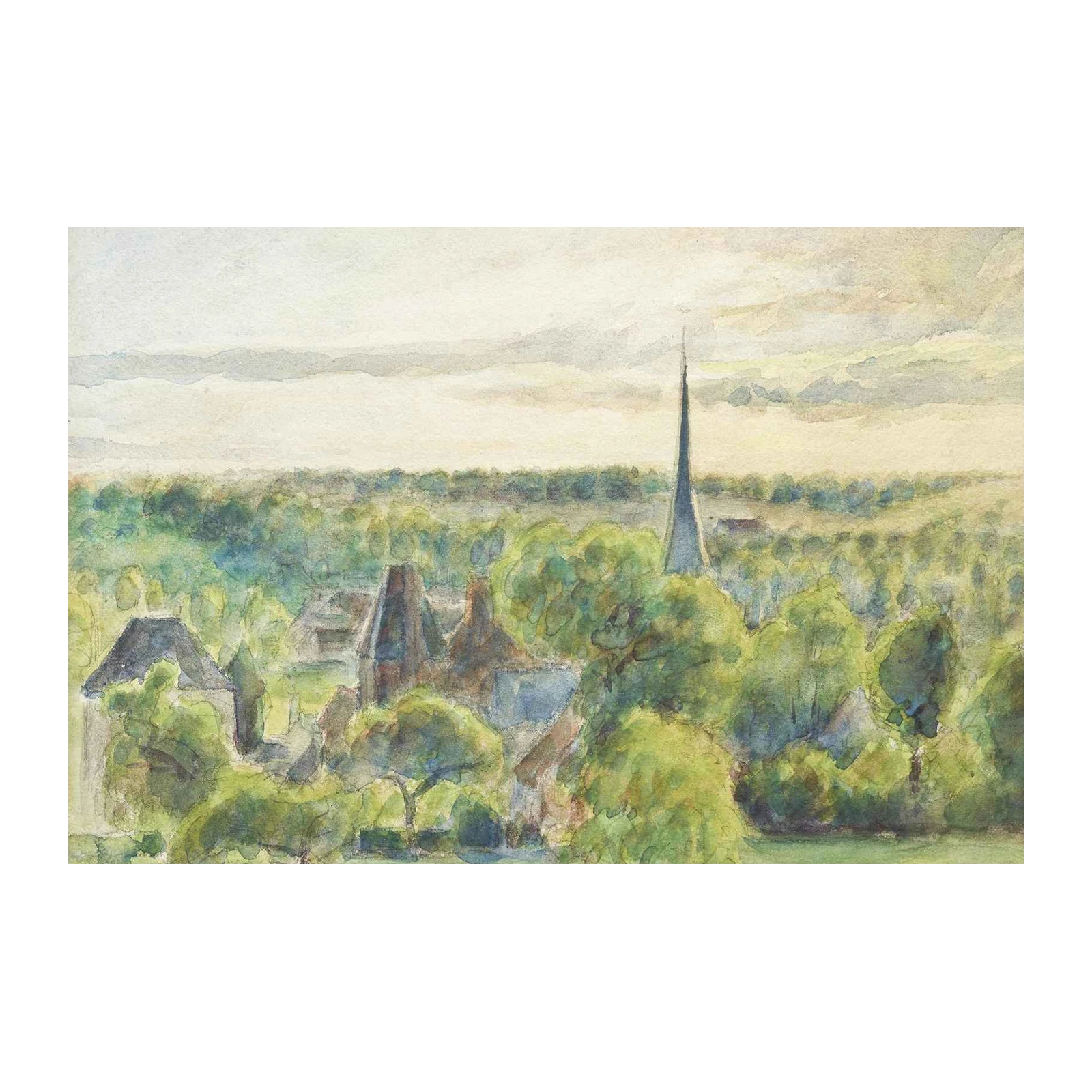 Serene Village Landscape Watercolor Wall Art