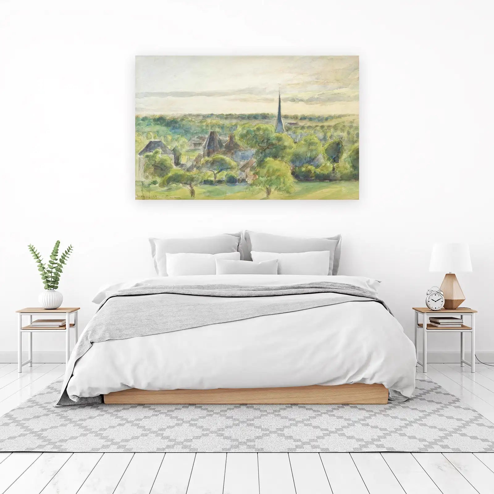 Serene Village Landscape Watercolor Wall Art