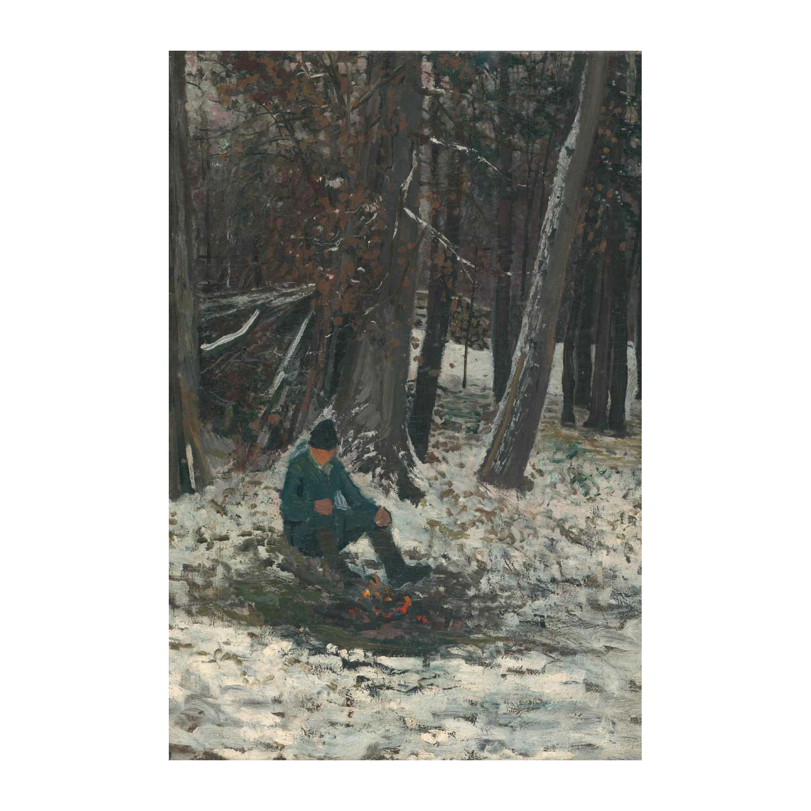 Winter Forest Scene Man by Fire Wall Art