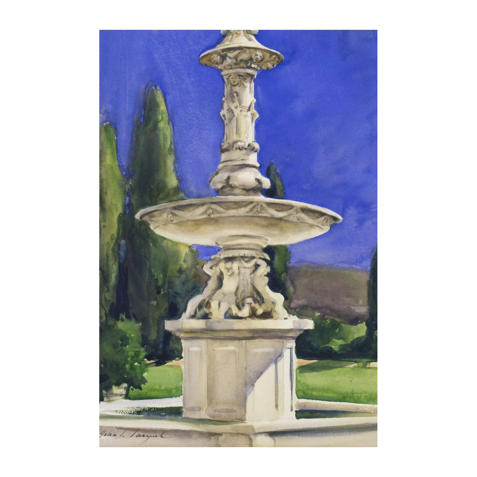Elegant Garden Fountain Watercolor Wall Art