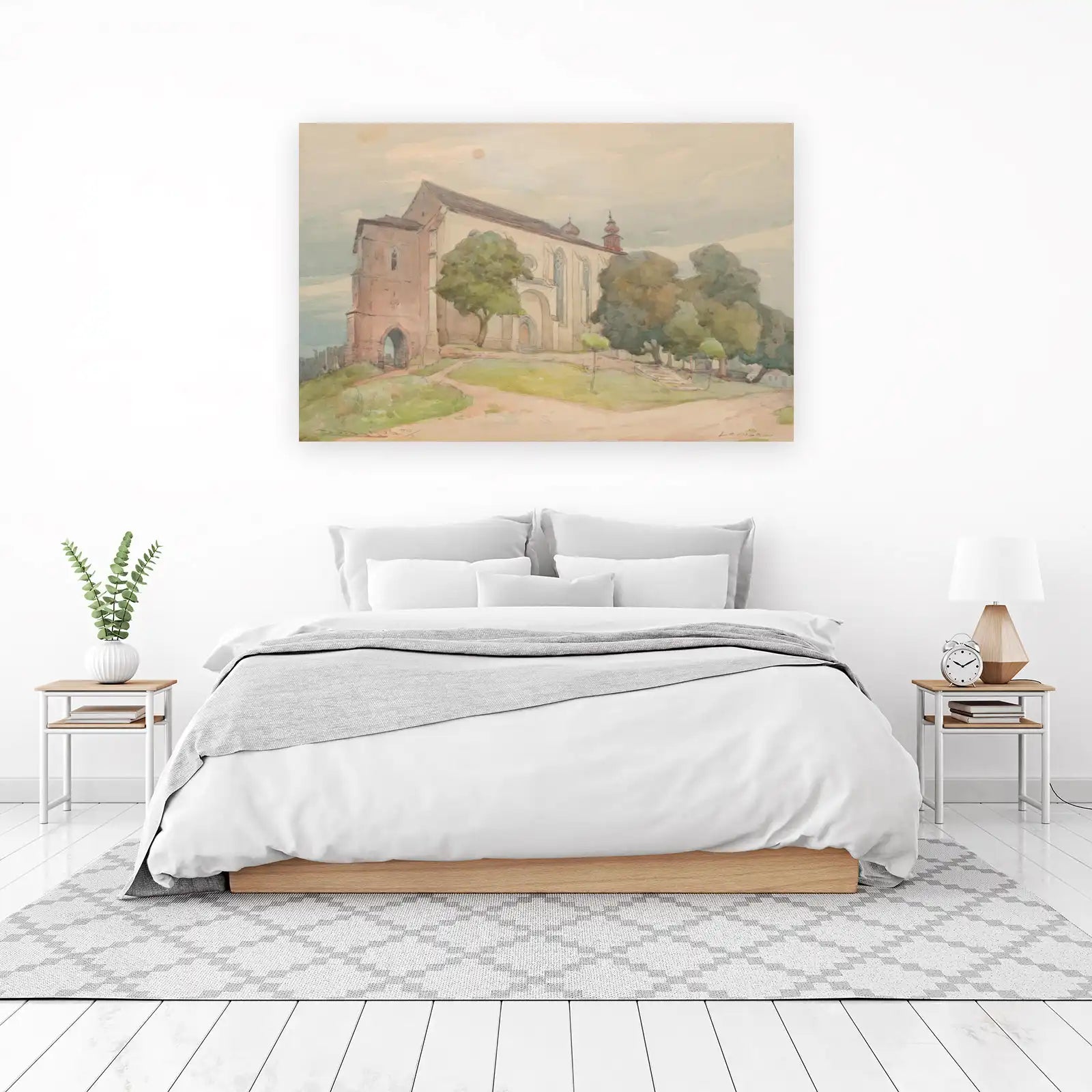 Vintage Church Landscape Watercolor Wall Art