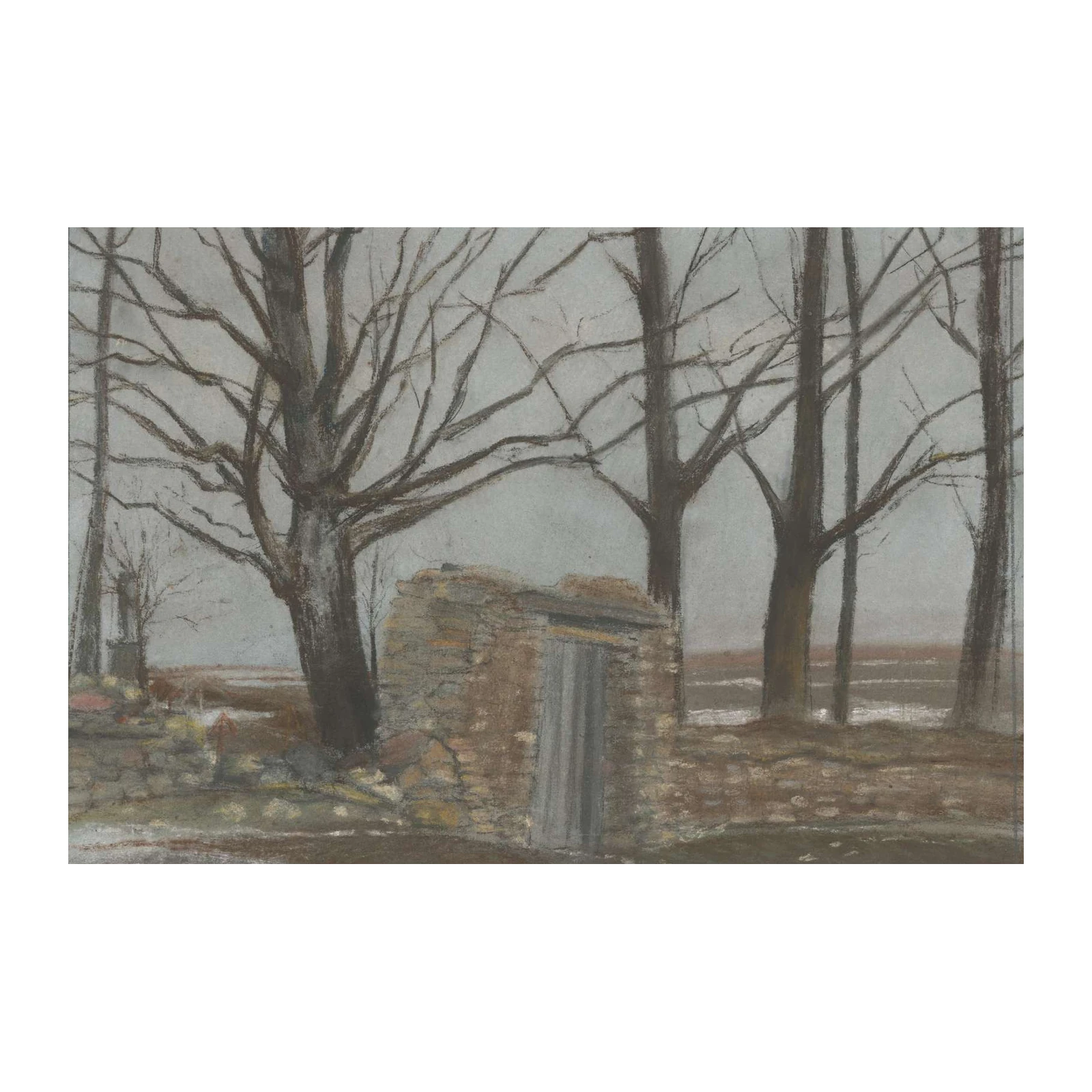 Rustic Stone Shed Bare Trees Wall Art