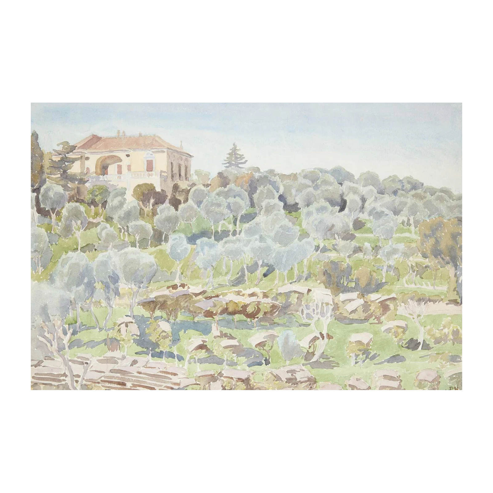 Serene Olive Grove Villa Watercolor Wall Art