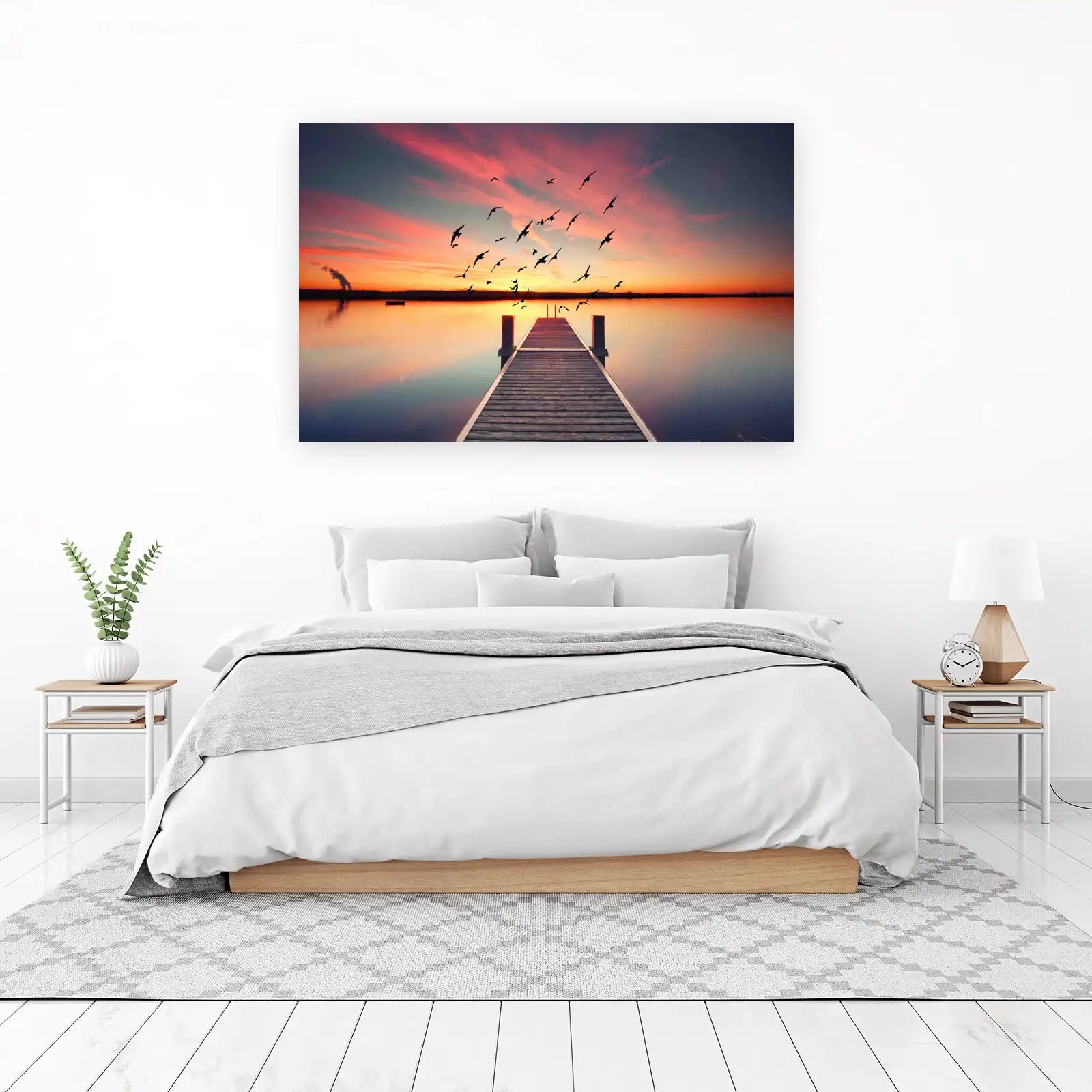 Serene Sunset Dock Birds Wall Art