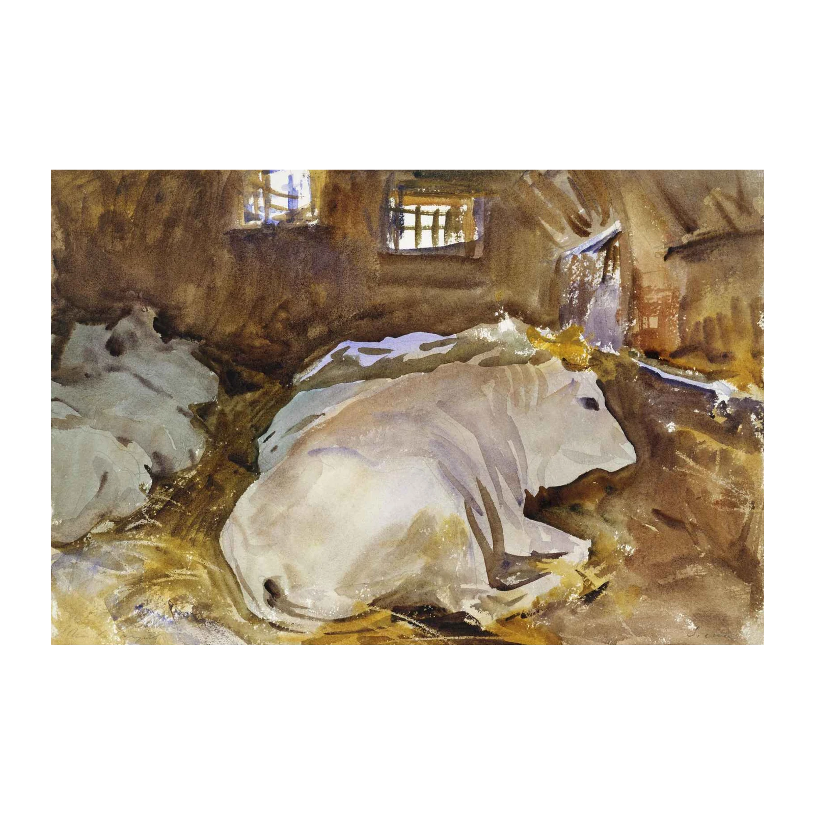 Peaceful Cow Barn Scene Watercolor Wall Art