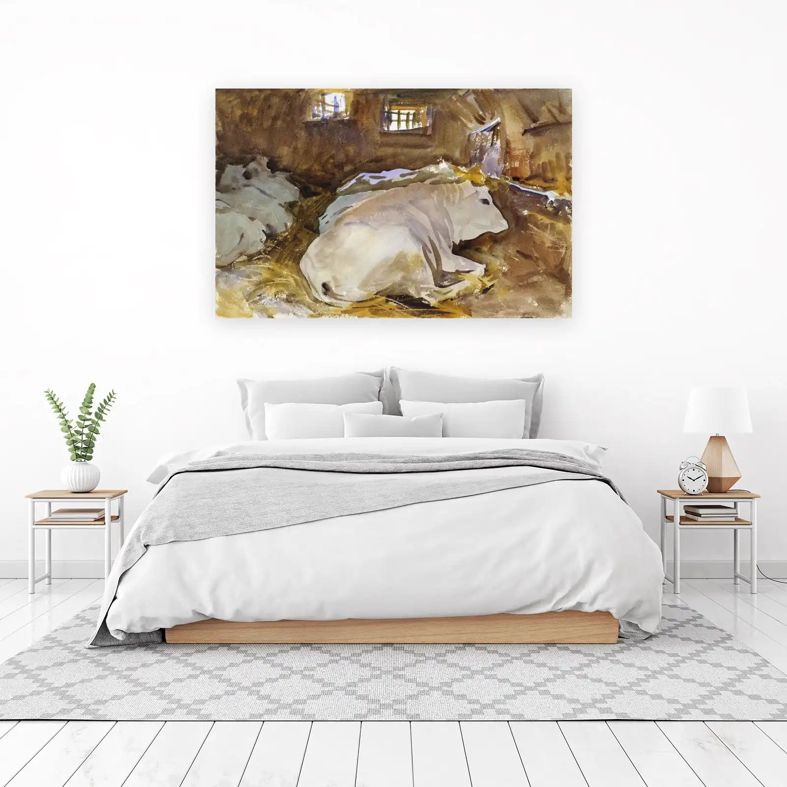 Peaceful Cow Barn Scene Watercolor Wall Art