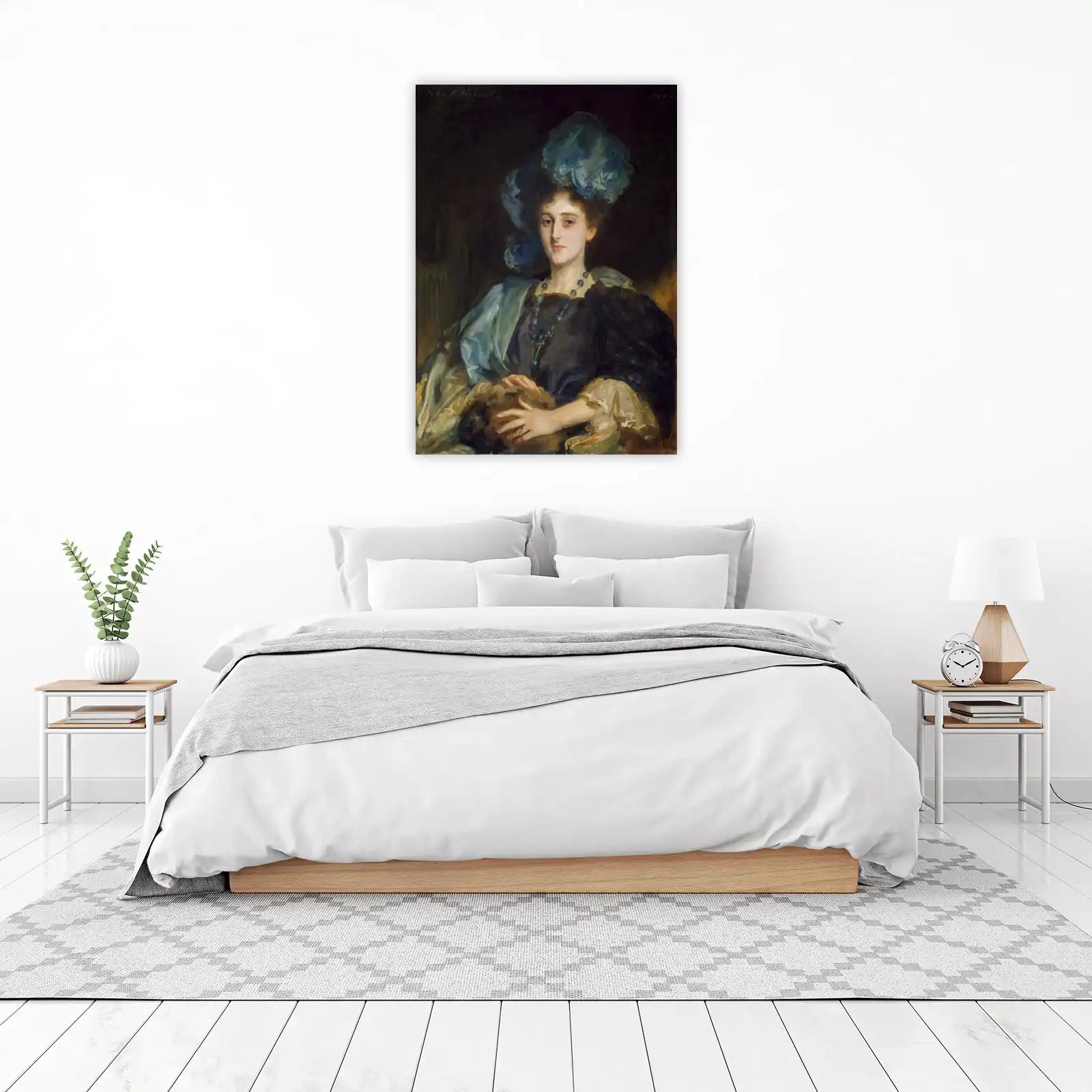 Elegant Woman Portrait Blue Feather Hat Wall Art
