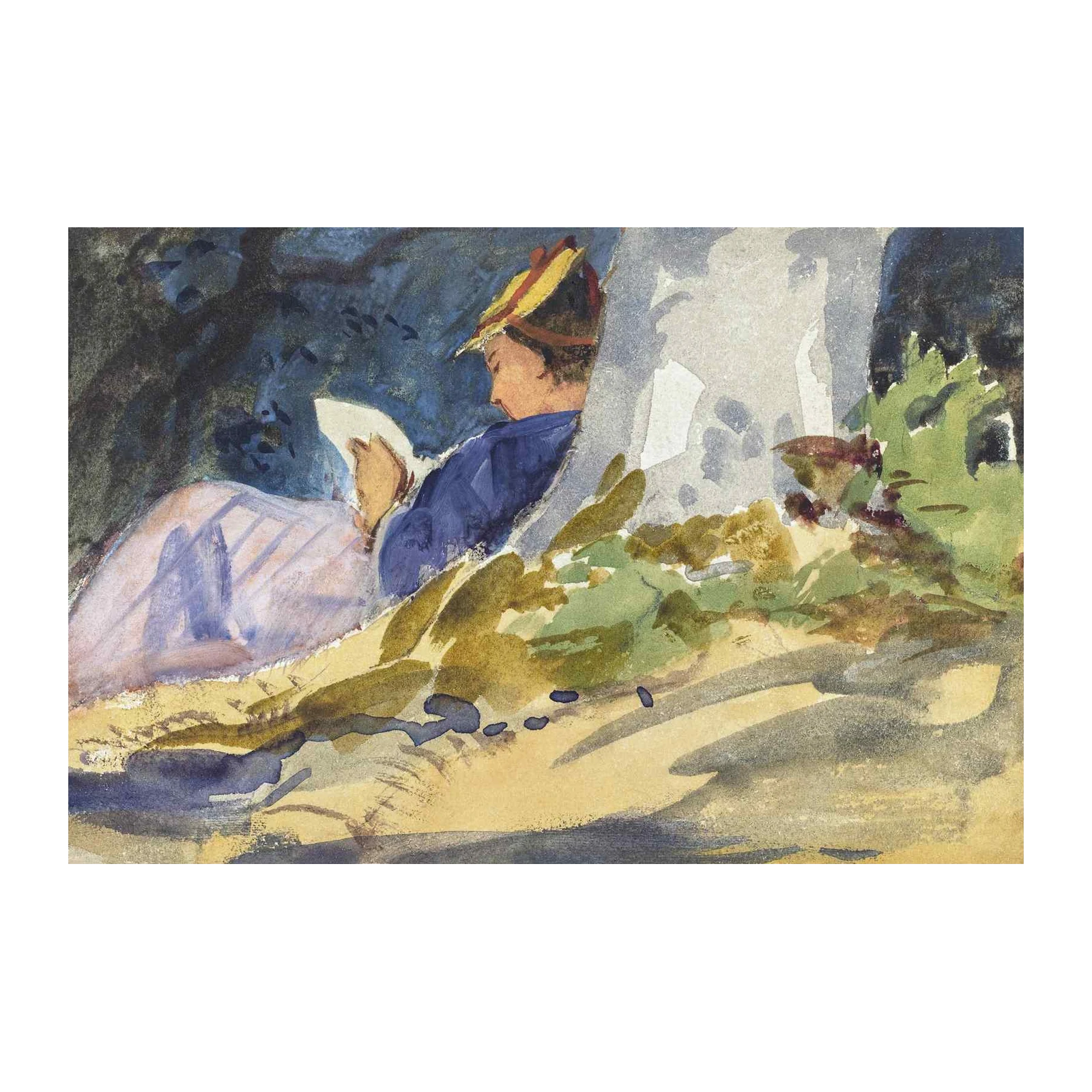 Serene Reader Under Tree Watercolor Wall Art