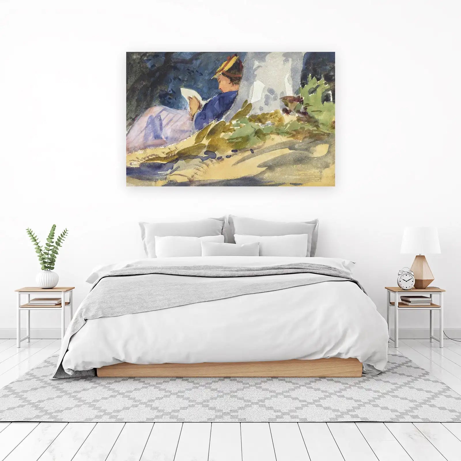 Serene Reader Under Tree Watercolor Wall Art