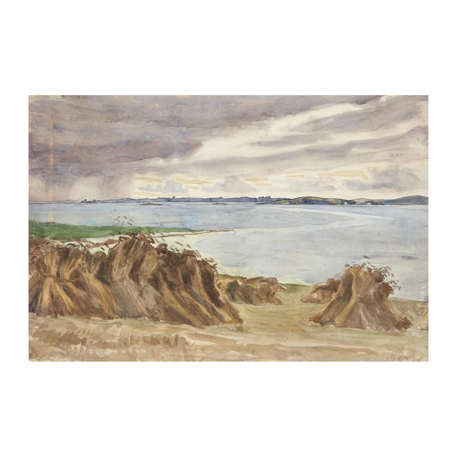 Harvested Field by Water Landscape Wall Art