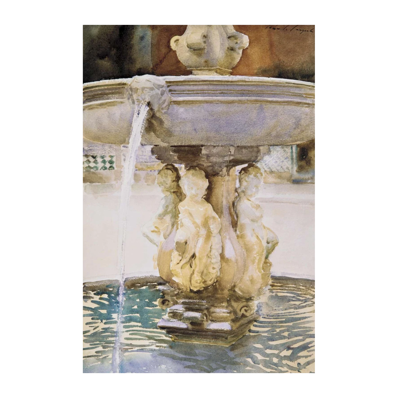Serene Fountain Cherubs Watercolor Wall Art