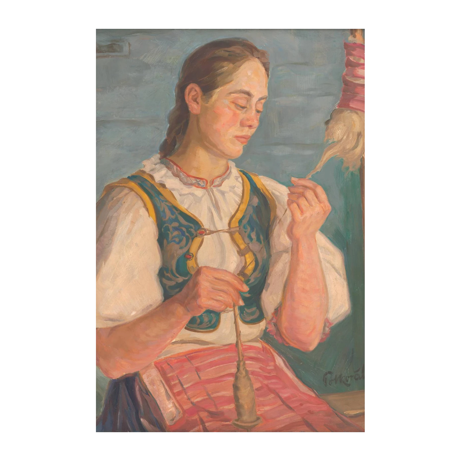 Vintage Artisan Woman Spinning Wool Wall Art