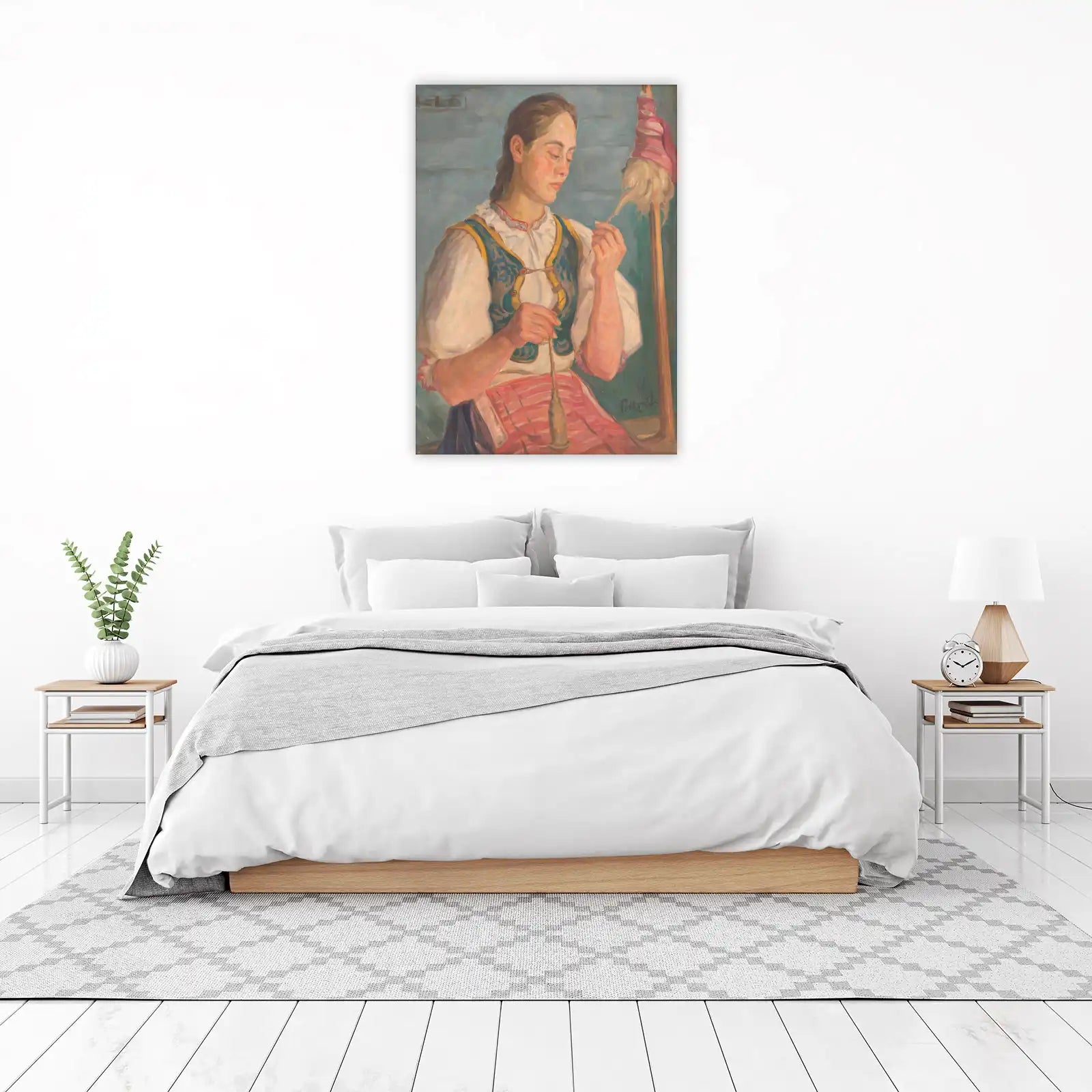 Vintage Artisan Woman Spinning Wool Wall Art