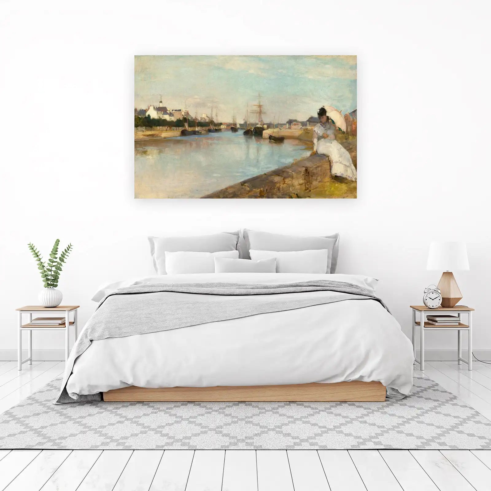 Elegant Harbor Scene Woman with Umbrella Wall Art
