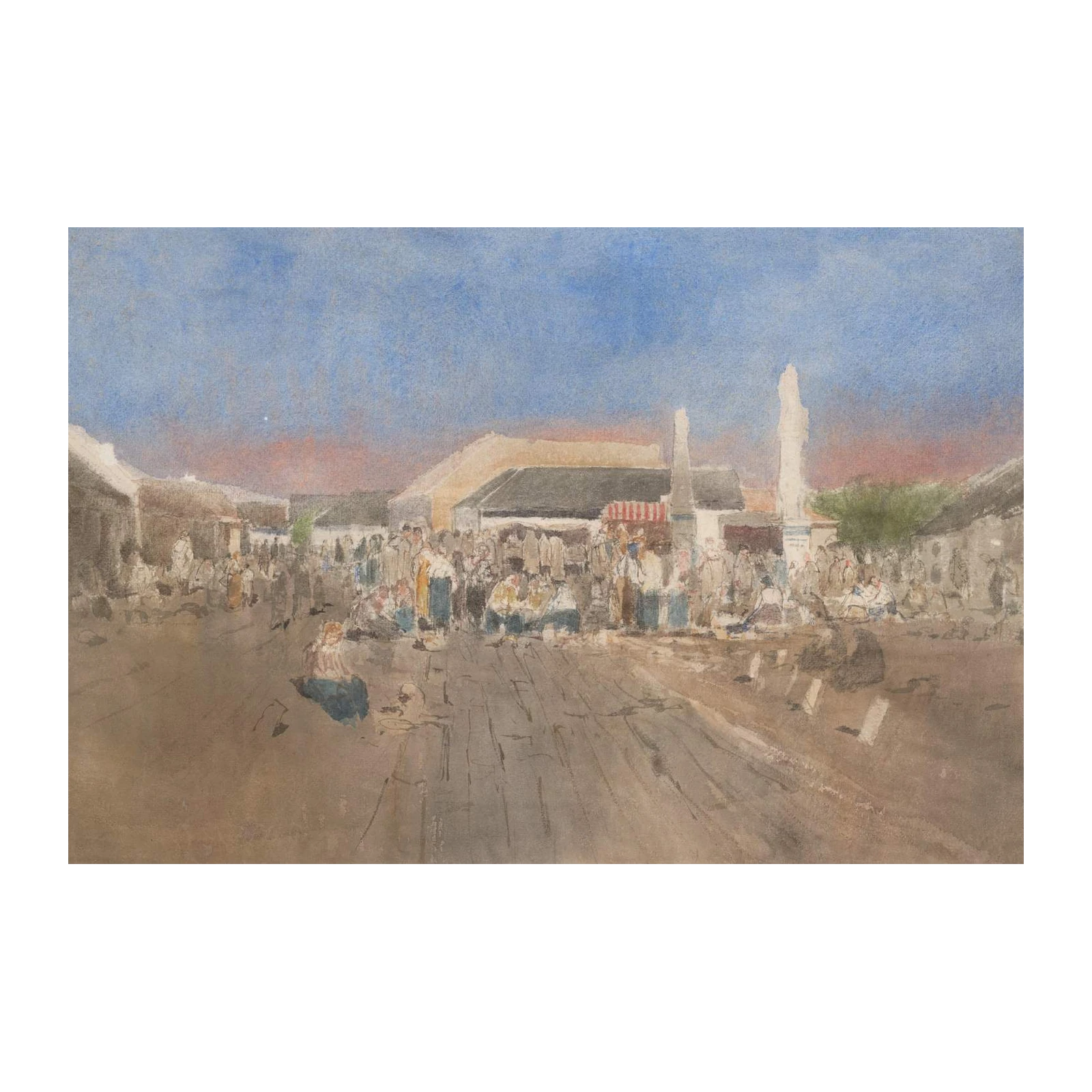 Vibrant Town Square Scene Watercolor Wall Art