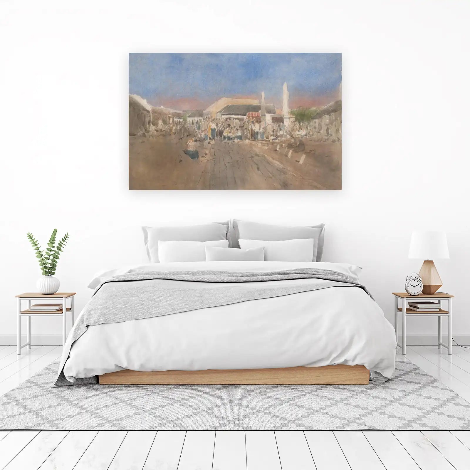 Vibrant Town Square Scene Watercolor Wall Art