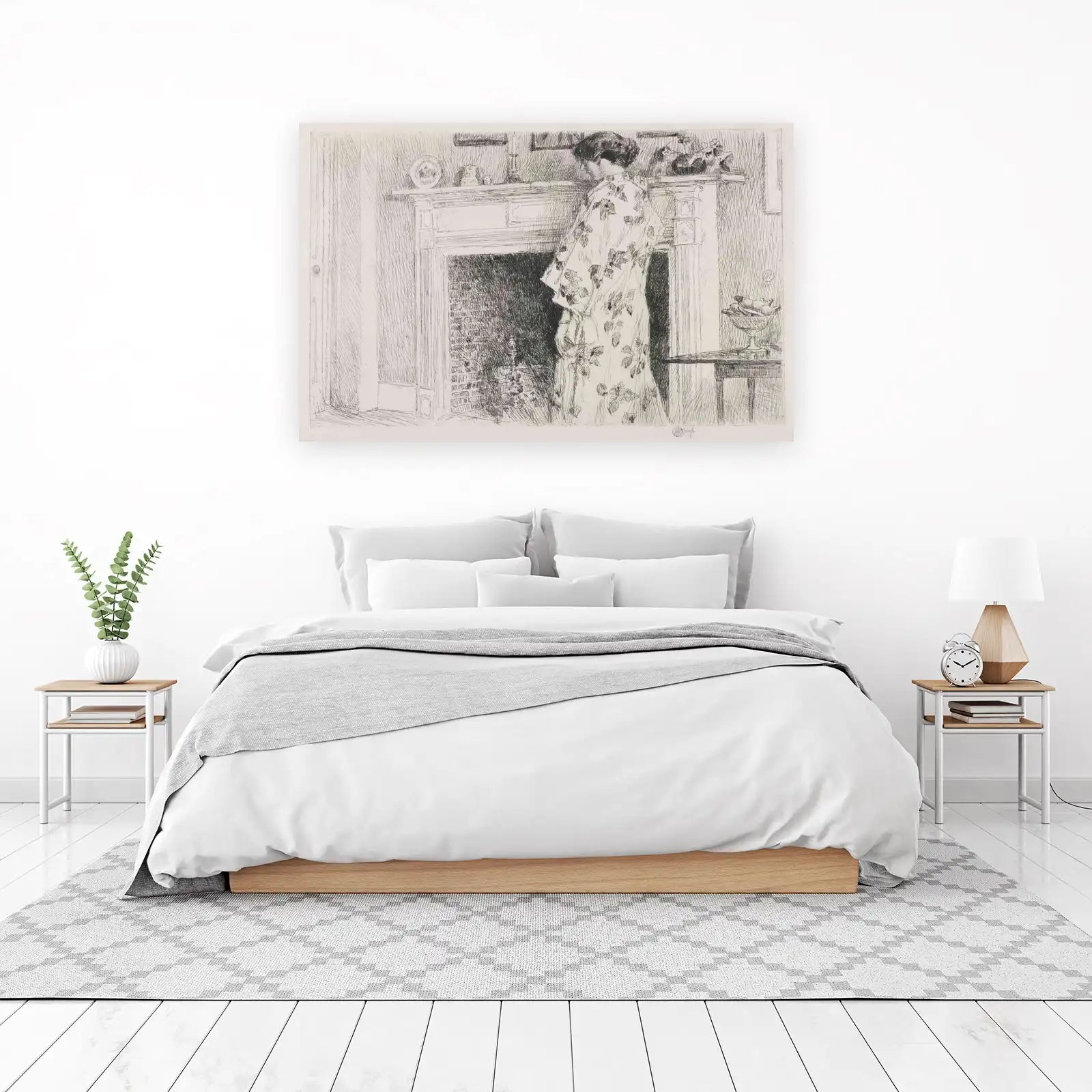 Elegant Woman by Fireplace Sketch Wall Art