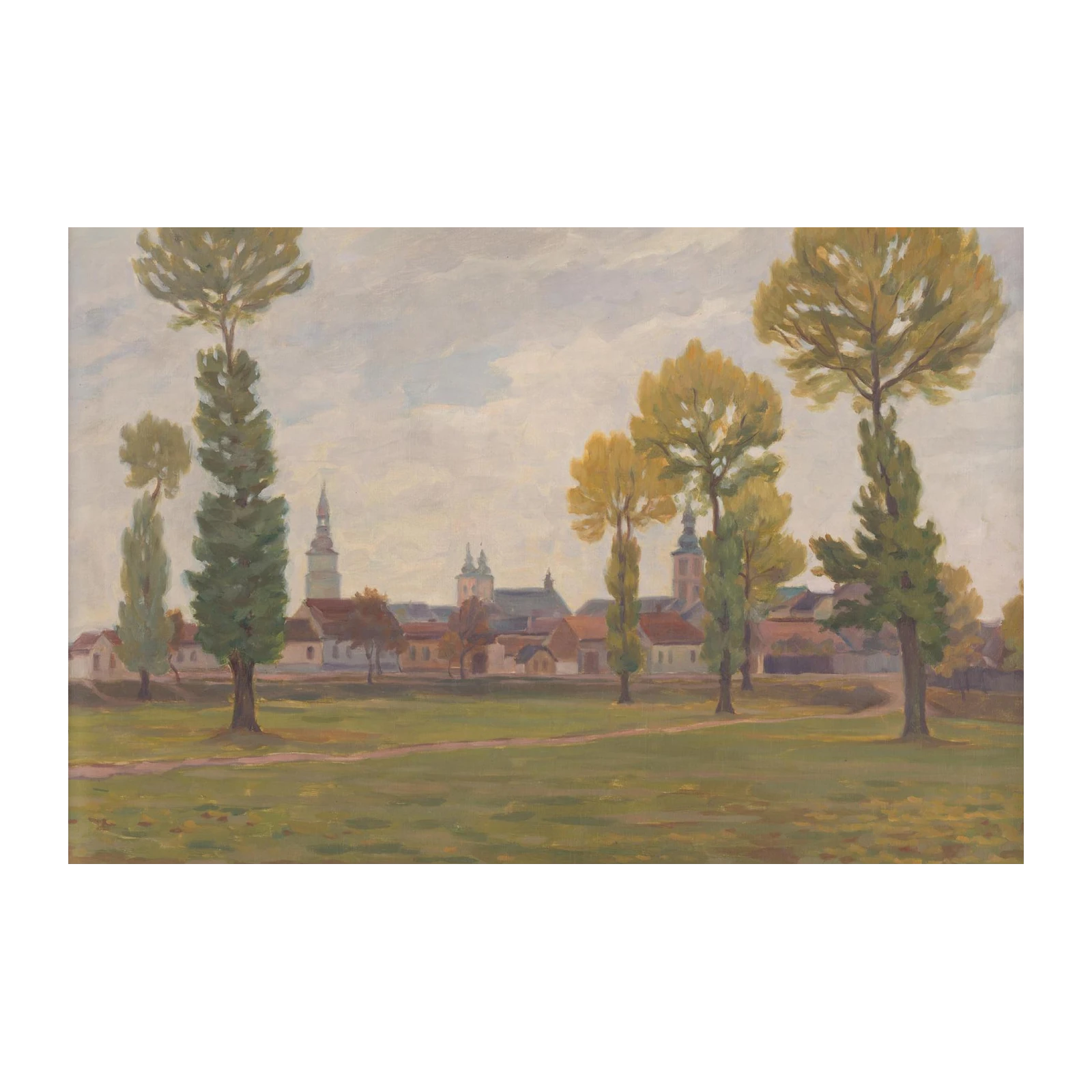 Serene Village Landscape with Trees Wall Art