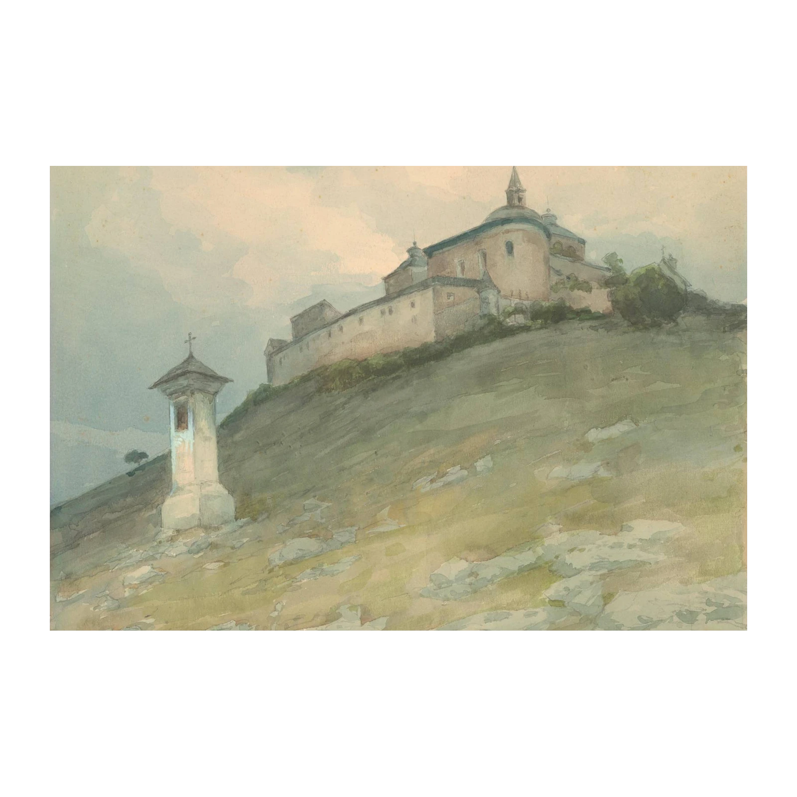 Serene Hilltop Monastery Watercolor Wall Art