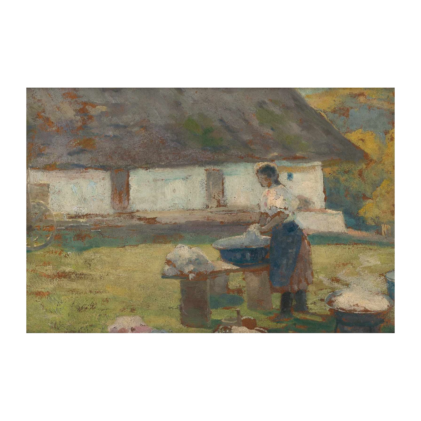 Serene Laundry Day Landscape Oil Painting Wall Art
